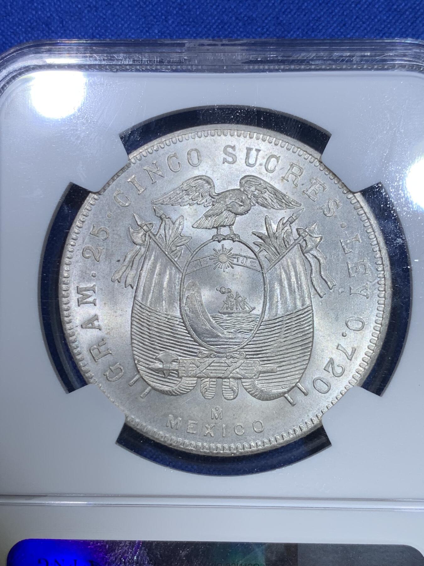 《竞宝斋》第284场- 周日，周一 2场连拍 （全场包邮） NGC MS64 厄瓜多尔1943年5苏克雷大银币