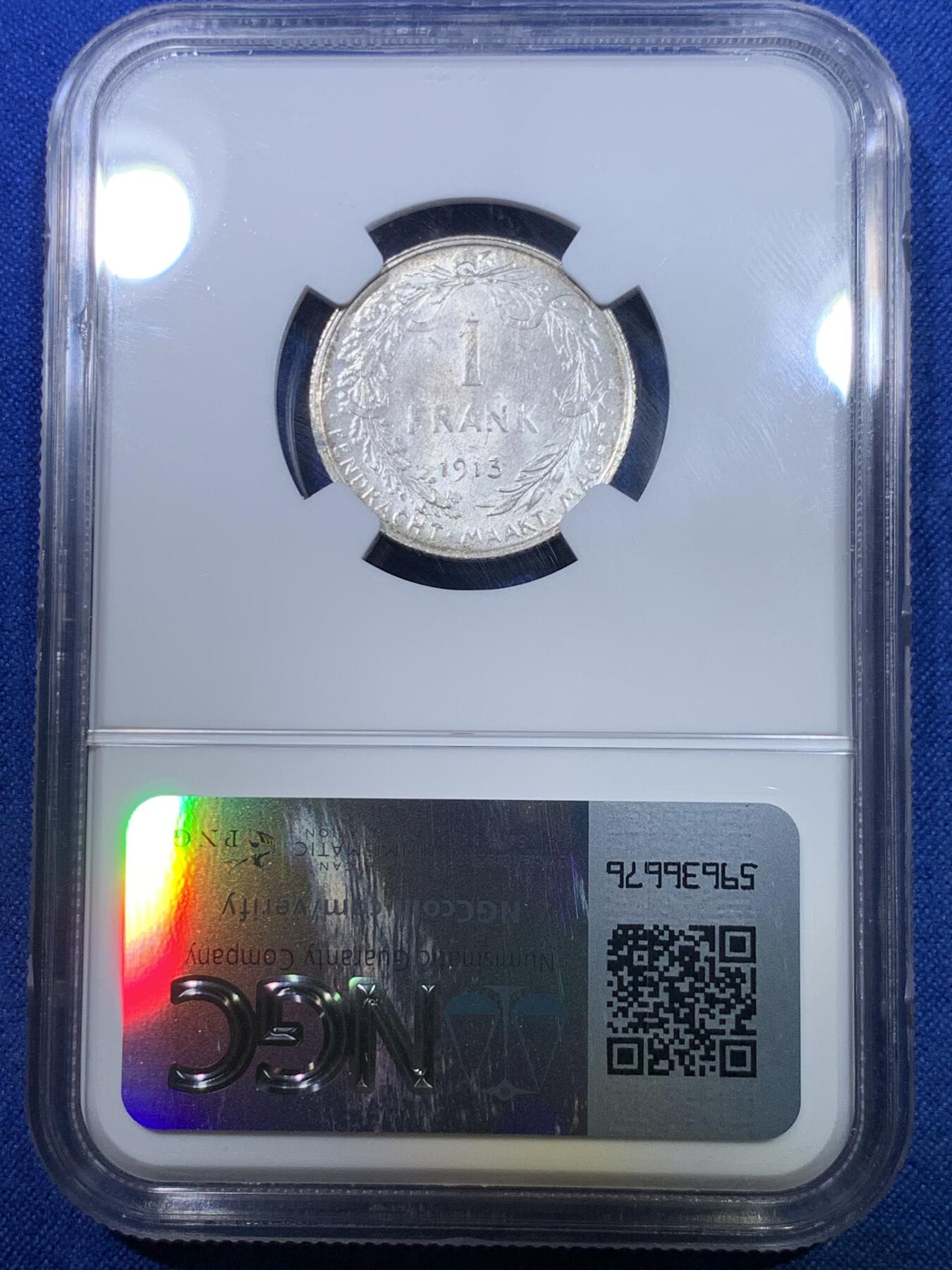 《竞宝斋》第284场- 周日，周一 2场连拍 （全场包邮） NGC MS64 比利时1913年阿尔贝托国王1法郎银币