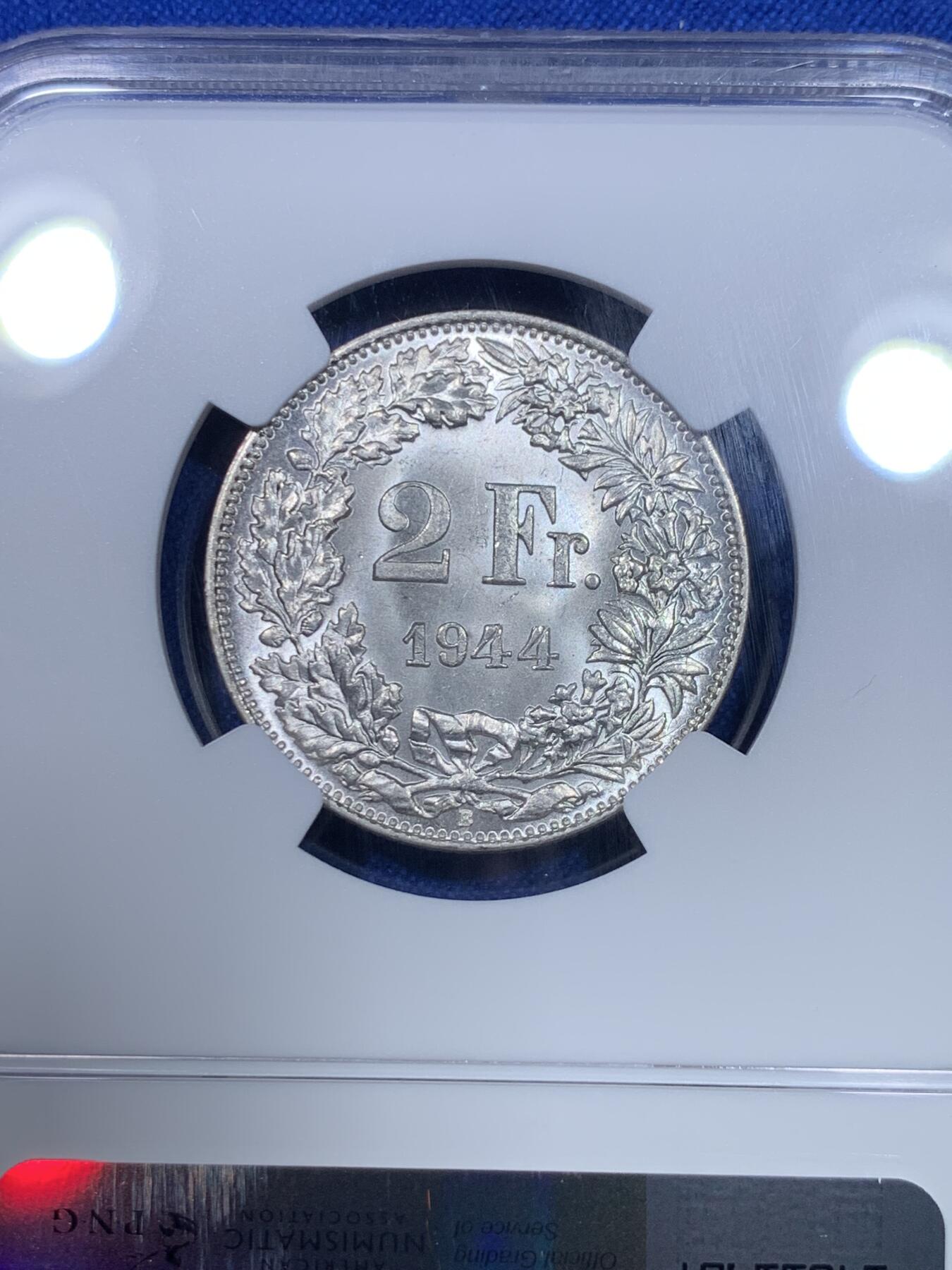 《竞宝斋》第284场- 周日，周一 2场连拍 （全场包邮） NGC MS64 瑞士1944年赫尔维蒂女神2法郎银币 少见年份