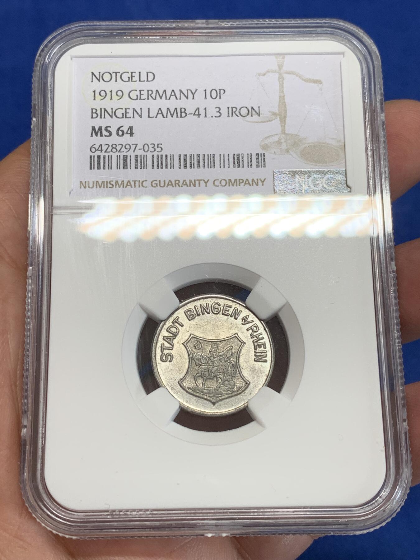《竞宝斋》第284场- 周日，周一 2场连拍 （全场包邮） NGC MS64 1919年德紧宾根10芬尼铁币 铁币保存不易 原光难得