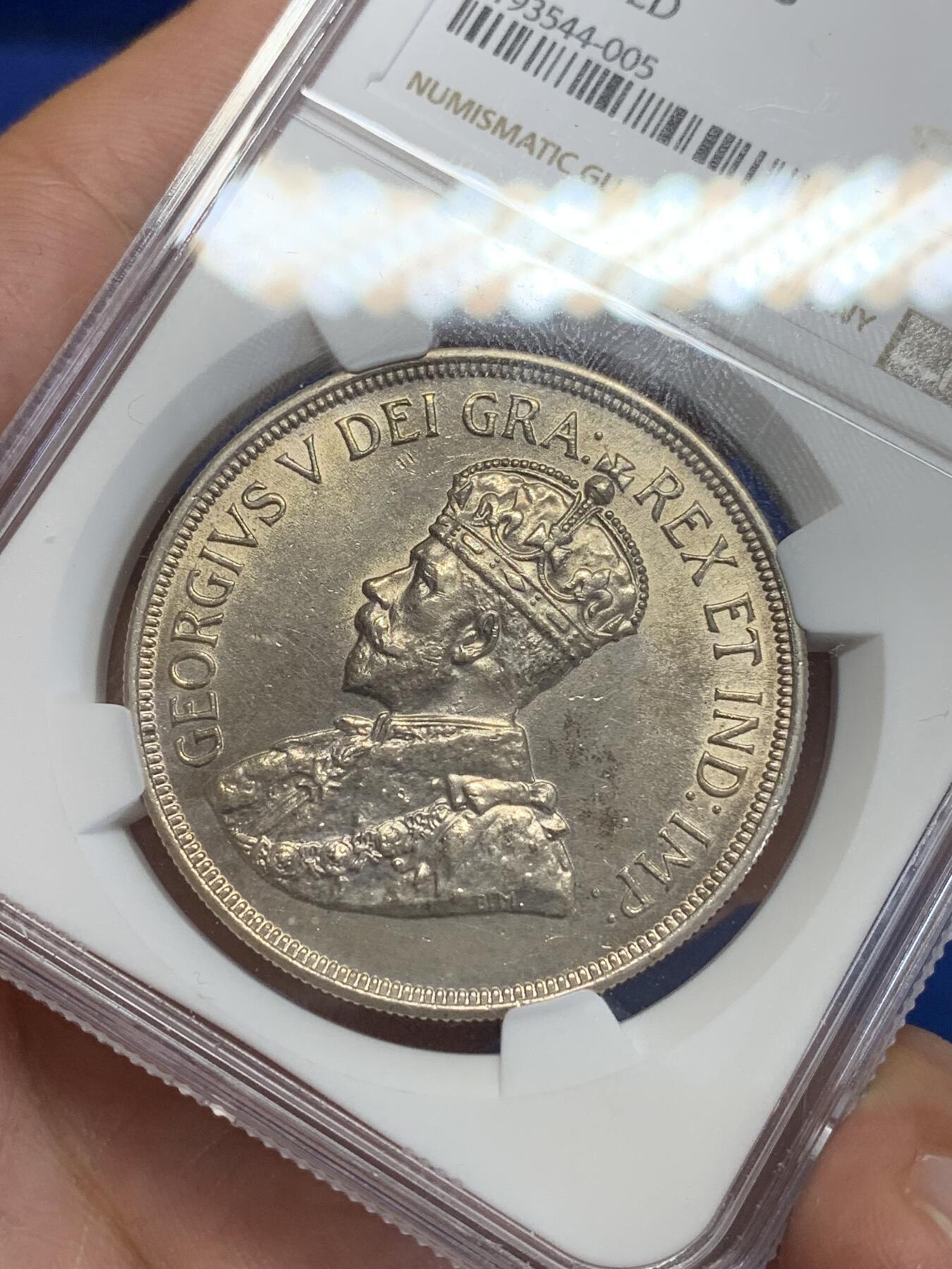 《竞宝斋》第284场- 周日，周一 2场连拍 （全场包邮） NGC UNC 英属塞浦路斯1928年乔治五世45皮银币 镜面底板 币面转光感强烈