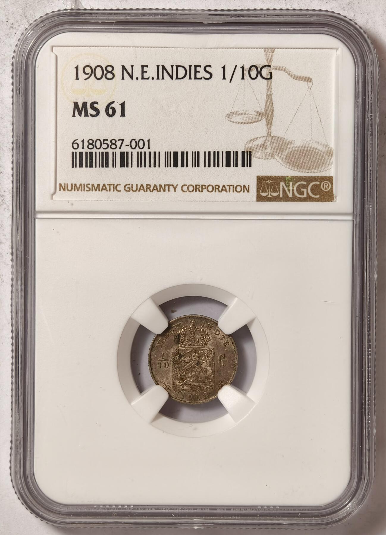 紫瑗钱币——第376期拍卖 荷属东印度 1908年 1/10盾 NGC MS61