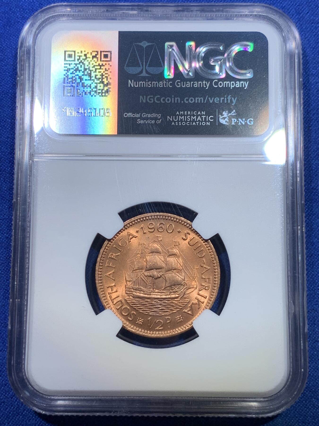 《竞宝斋》第284场- 周日，周一 2场连拍 （全场包邮） NGC MS65RB 英属南非1960年伊丽莎白二世半便士铜币