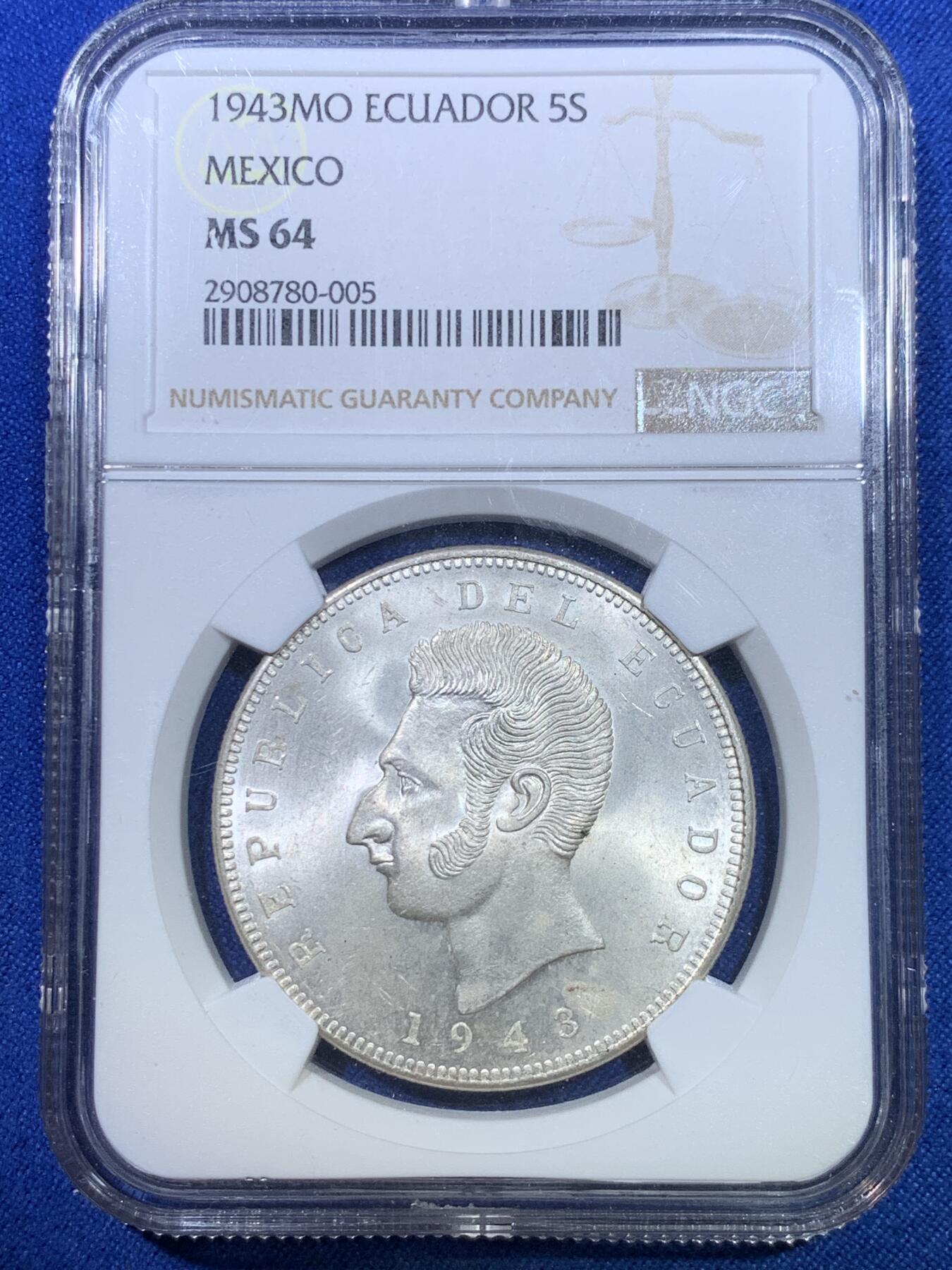 《竞宝斋》第284场- 周日，周一 2场连拍 （全场包邮） NGC MS64 厄瓜多尔1943年5苏克雷大银币