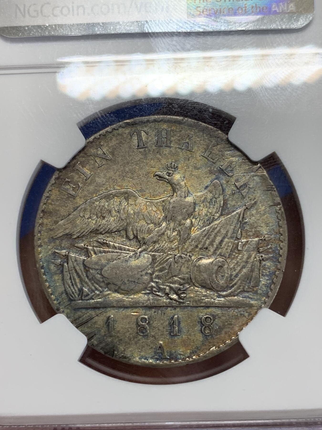 《竞宝斋》第284场- 周日，周一 2场连拍 （全场包邮） NGC XFD 德国1818A年普鲁士鹰炮1泰勒银币 老泰勒又涨了