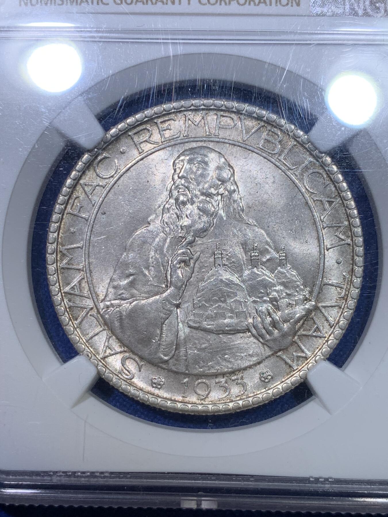 《竞宝斋》第284场- 周日，周一 2场连拍 （全场包邮） NGC MS64 圣马力诺1933年20里拉 高分好状态