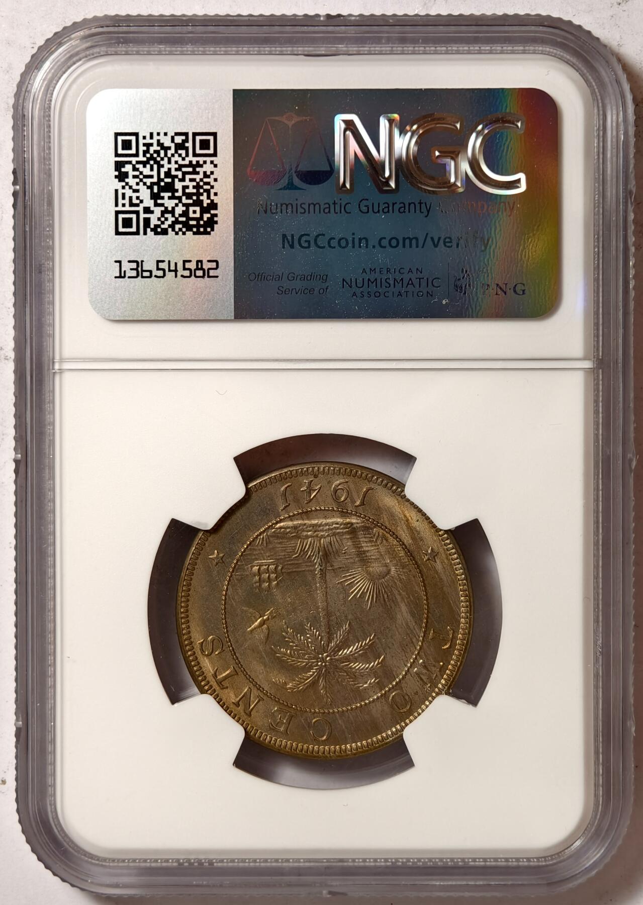 紫瑗钱币——第376期拍卖 利比里亚 1941年 大象 2分 铜币 NGC MS65