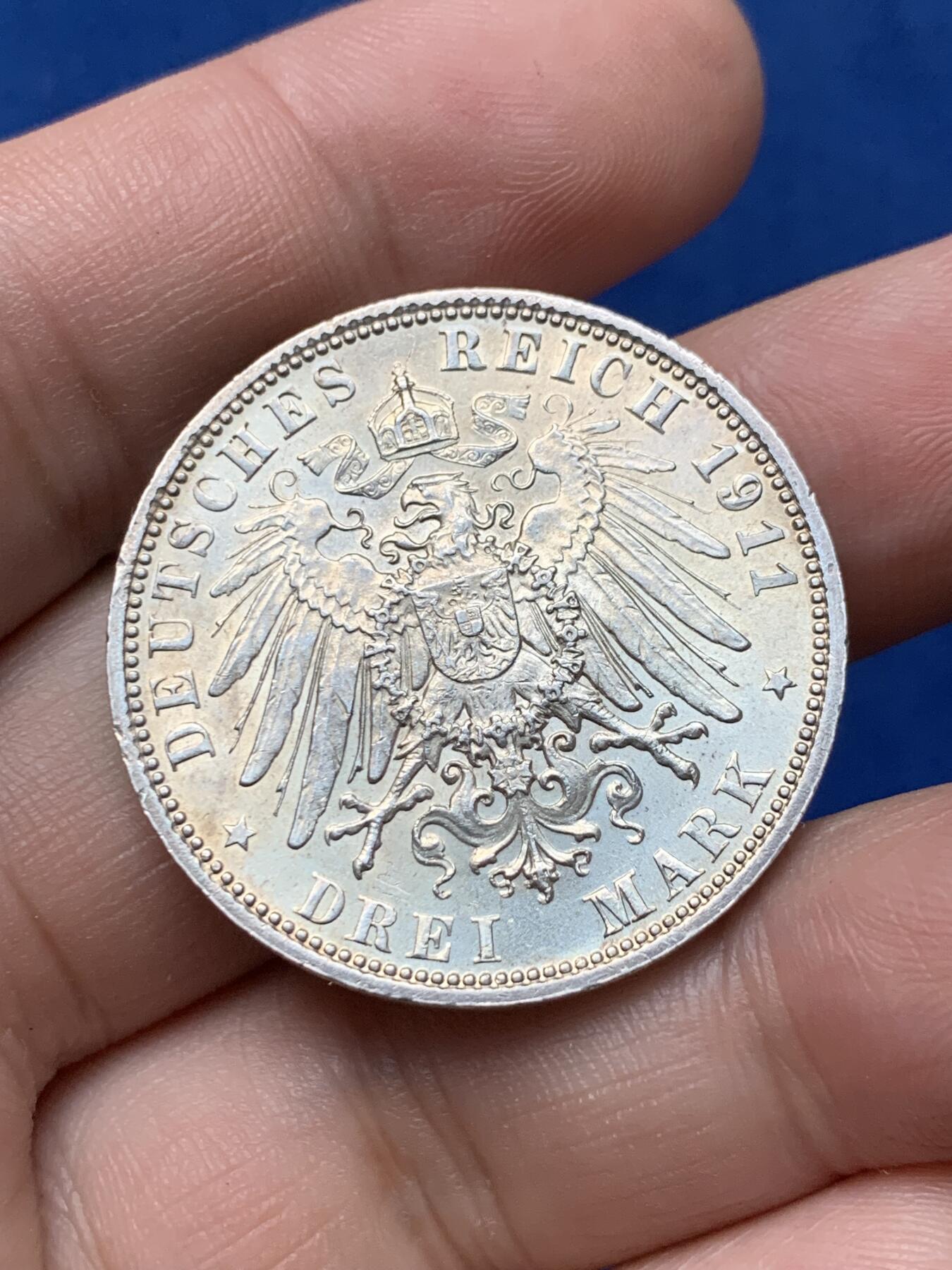 《竞宝斋》第284场- 周日，周一 2场连拍 （全场包邮） 巴伐利亚 利奥波德3马克 1911年 无磕无洗带底光 清晰