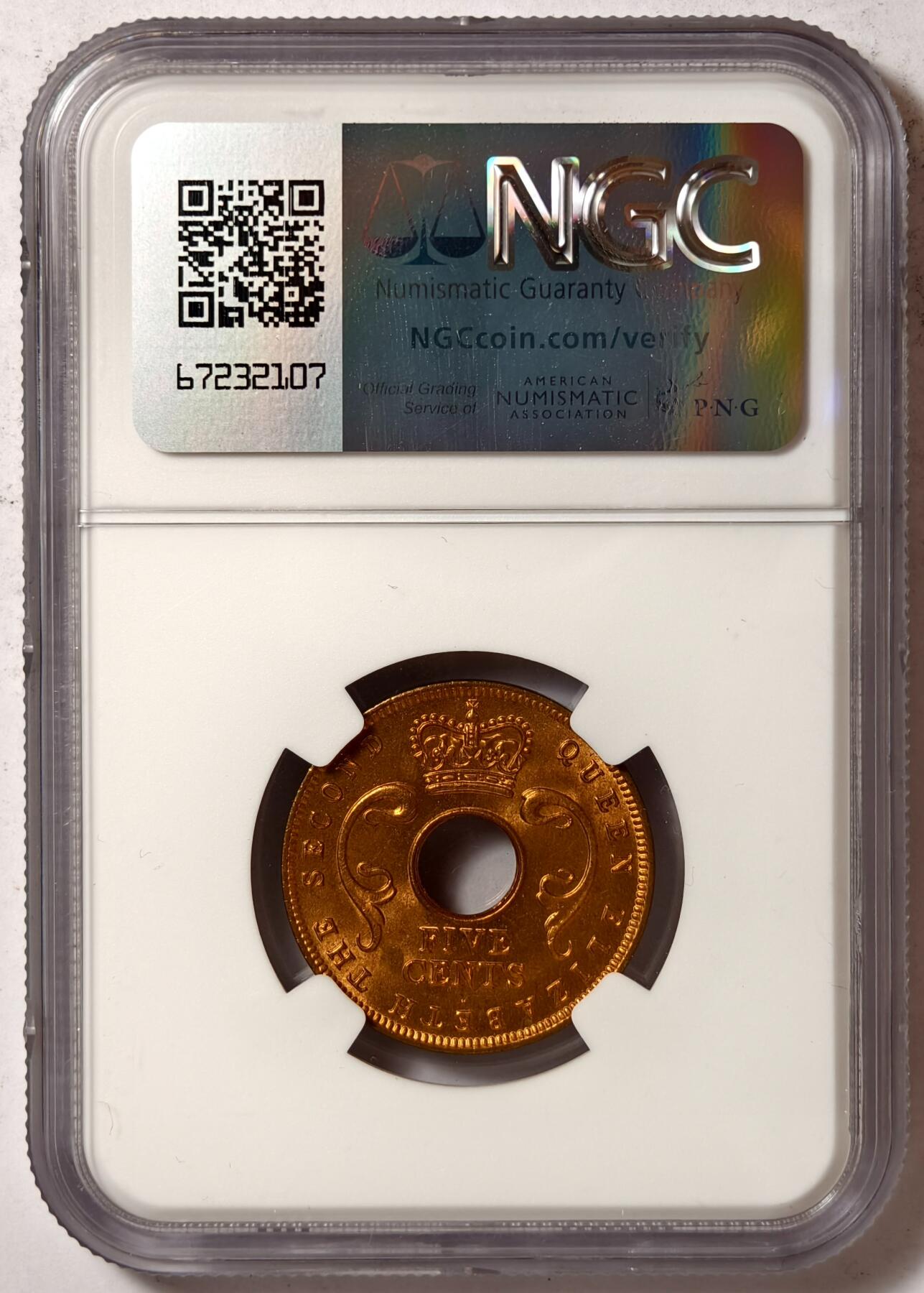 紫瑗钱币——第430期 英属东非 1956年 H版 伊丽莎白二世 5分 铜币 NGC MS65 RD