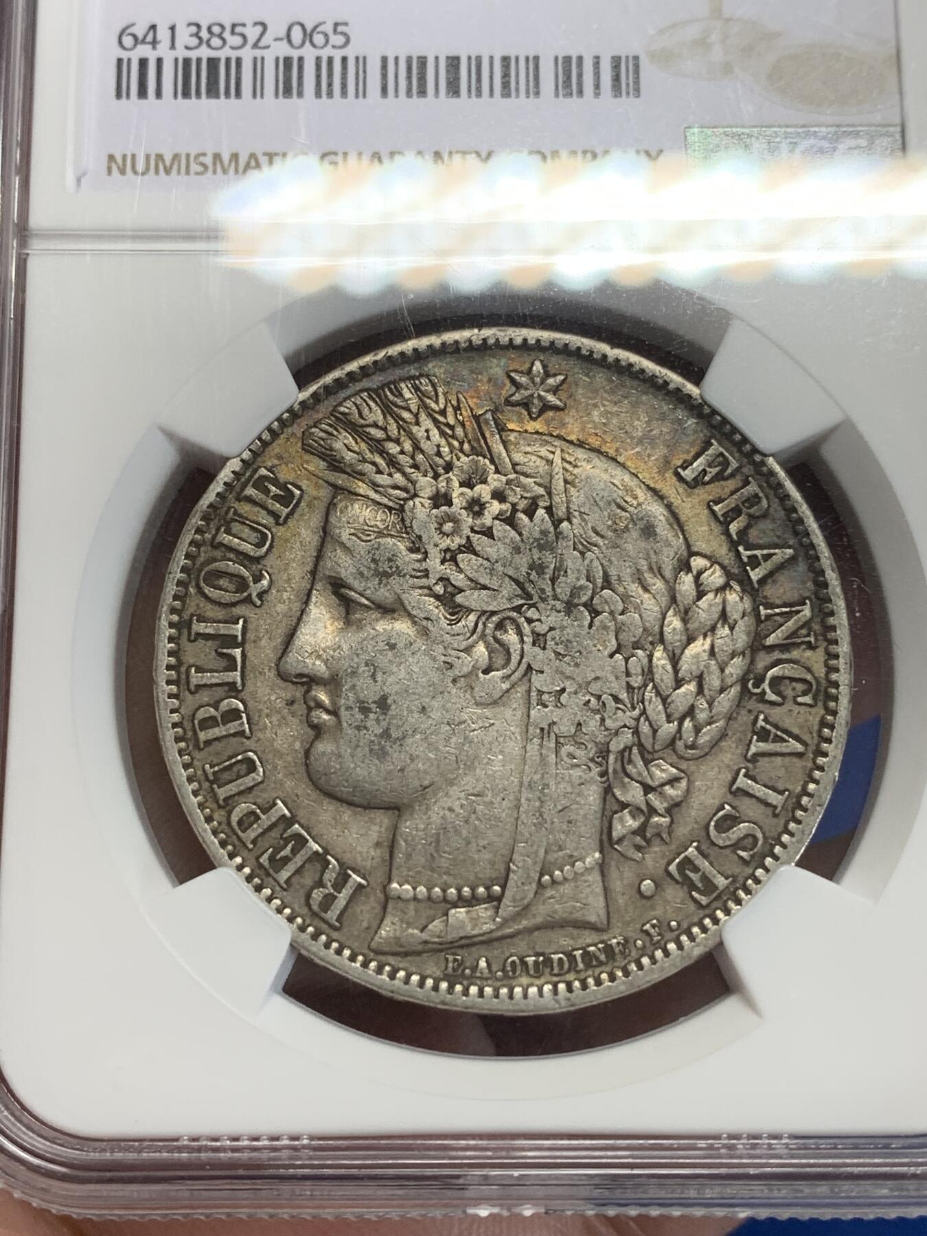 《竞宝斋》第284场- 周日，周一 2场连拍 （全场包邮） NGC XF45 法国1850年谷物女神5法郎银币 原味五彩