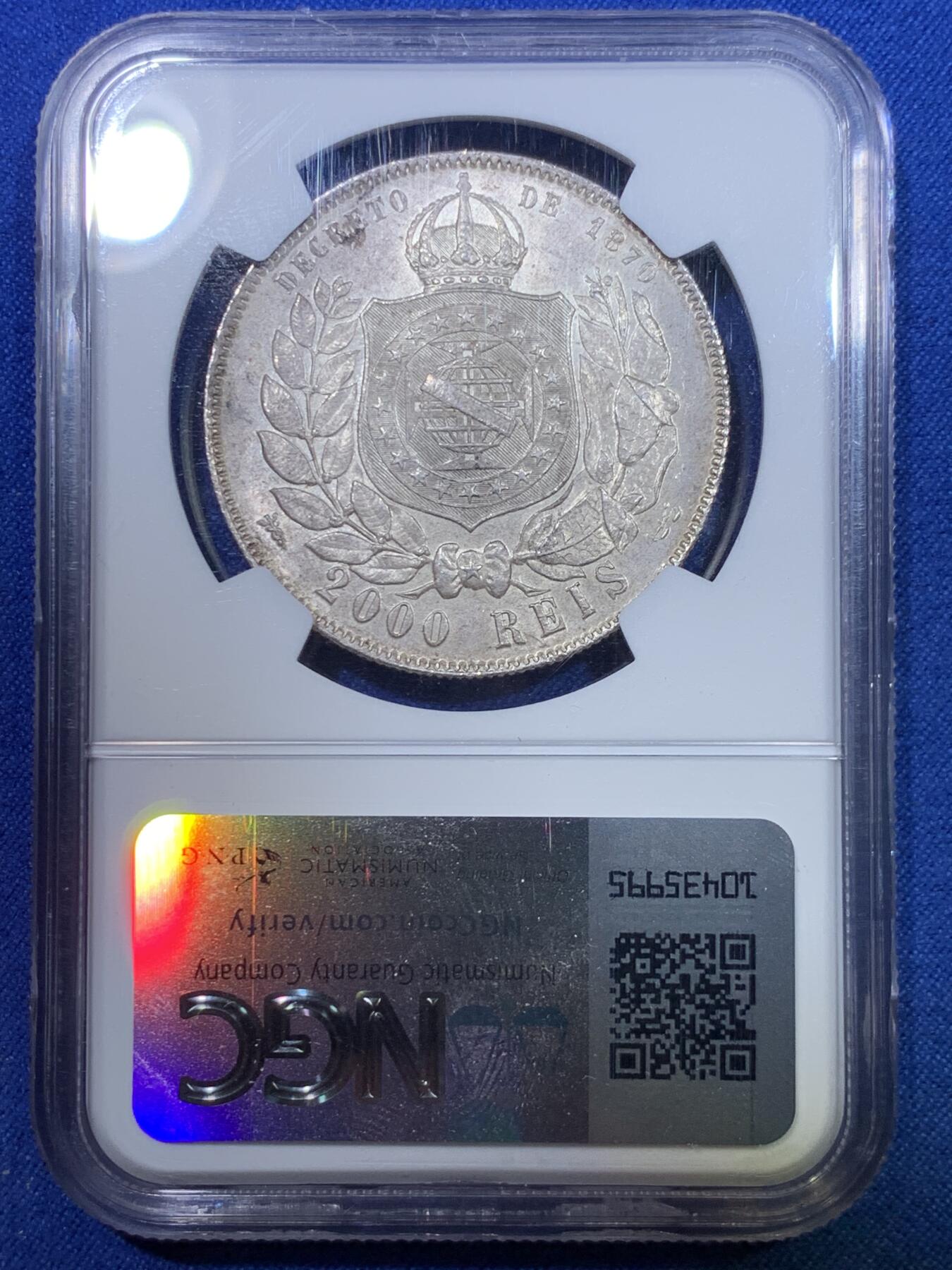 《竞宝斋》第284场- 周日，周一 2场连拍 （全场包邮） NGC MS63 巴西帝国 1889年 佩德罗二世 2000瑞斯 银币