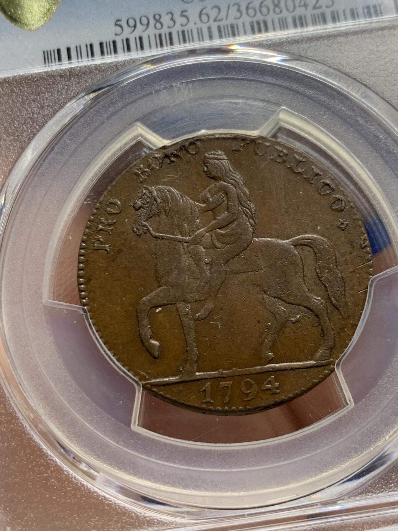 《竞宝斋》第284场- 周日，周一 2场连拍 （全场包邮） PCGS  MS62BN  英国考文垂1794年戈黛娃夫人（背教堂）半便士 少见好品相 63分成交价2800元