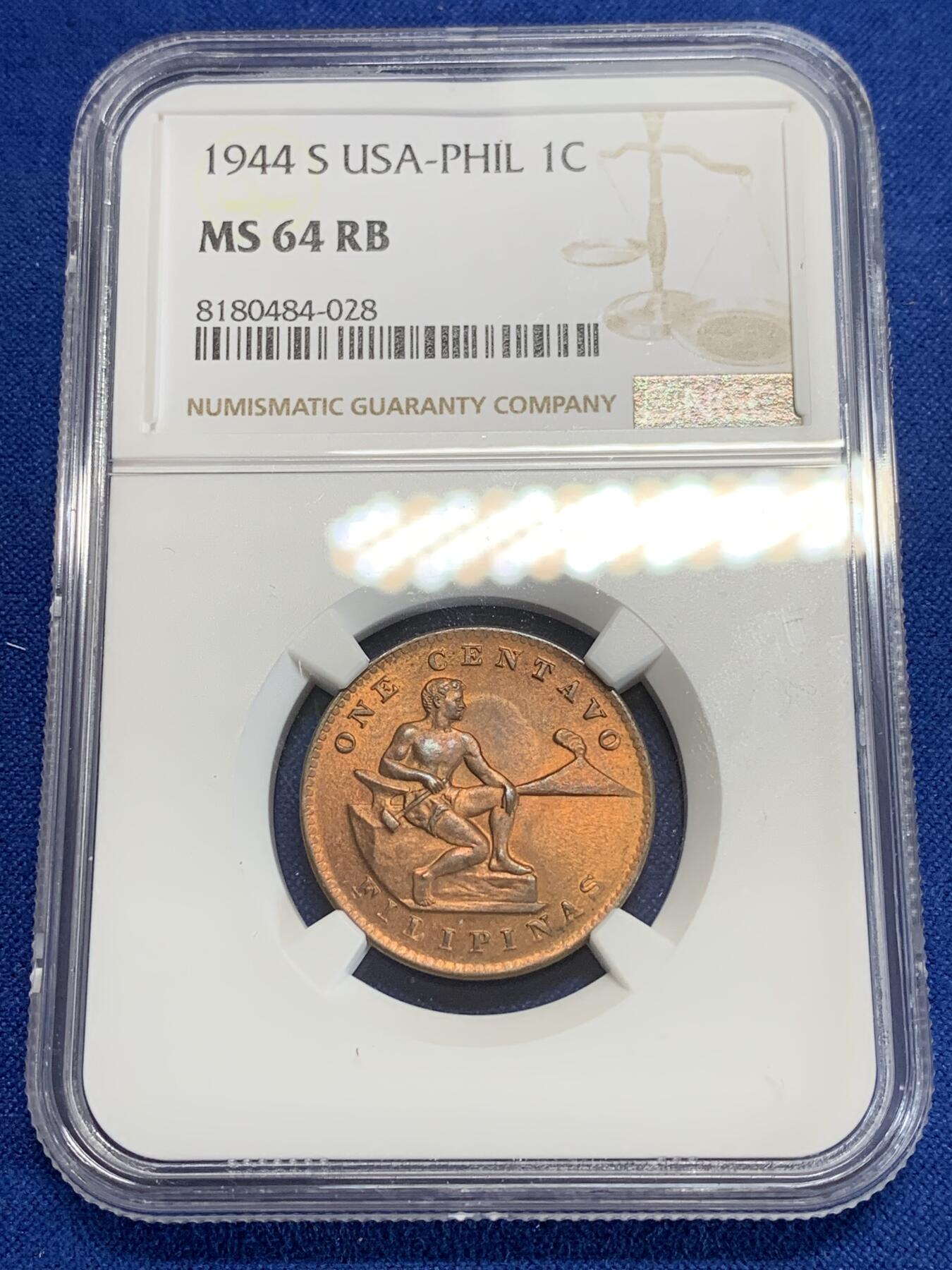 《竞宝斋》第284场- 周日，周一 2场连拍 （全场包邮） NGC MS64RB 1944 菲律宾 1分 很少见的菲律宾铜币 同一版本的银币铺天盖地 但是好品的铜币极少 这一枚完全是RD体质 但是不知为什么给了RB 细节清晰 人物立体 国徽的凸点完全没有被磨过 值得收藏