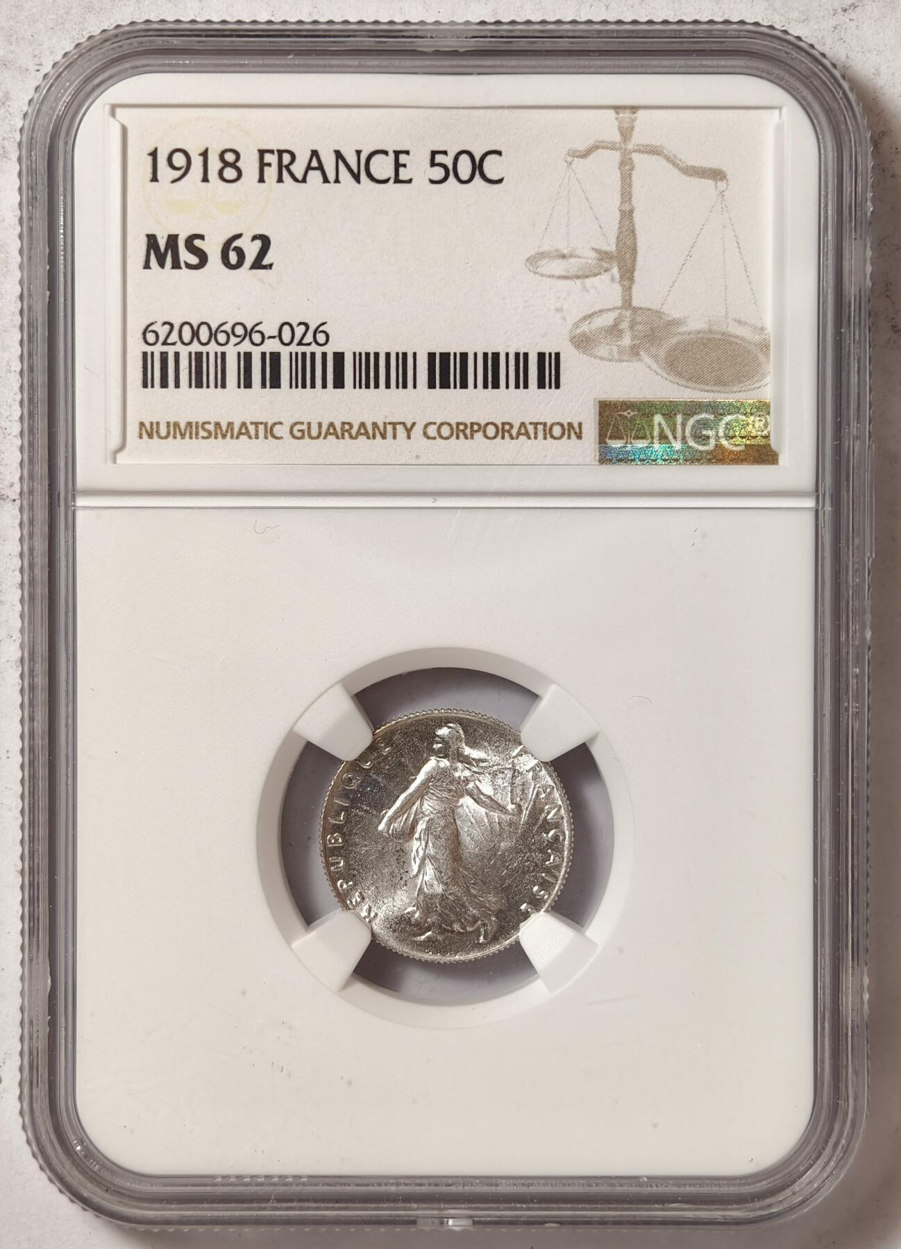 紫瑗钱币——第376期拍卖 法国 1918年 播种女神 50分 银币 NGC MS62