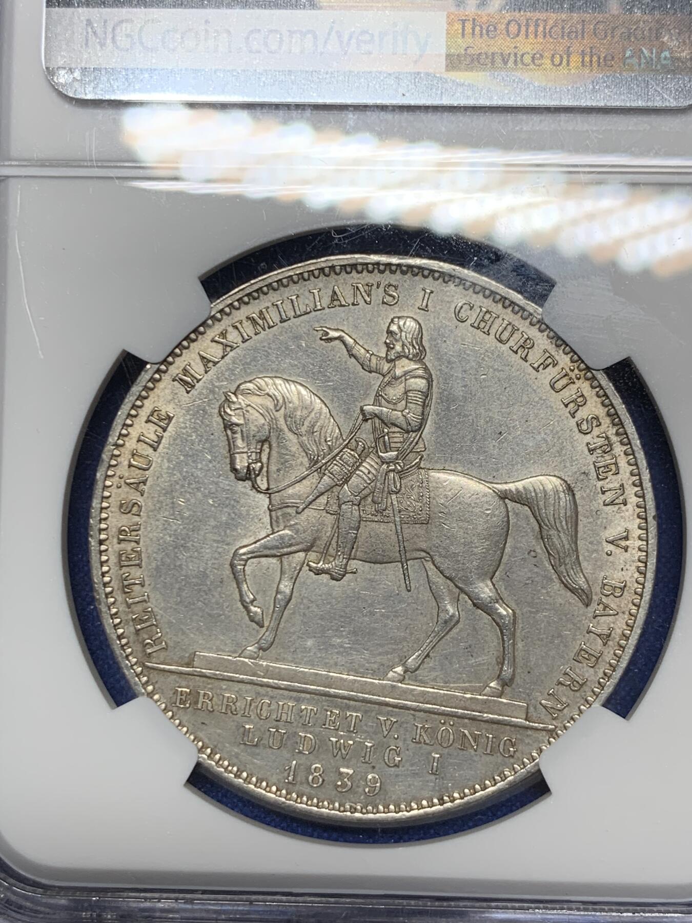 《竞宝斋》第284场- 周日，周一 2场连拍 （全场包邮） NGC UNC 德国1839年巴伐利亚选帝侯骑马雕像历史双泰勒 37.12g 大银币