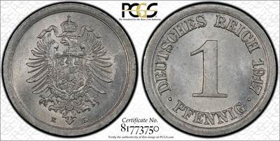 世界币章 - 百年老精稀 PCGS MS64分 德国1917年 E短翅1芬尼 稀见品相（参考价格：2019年66分成交记录683元）