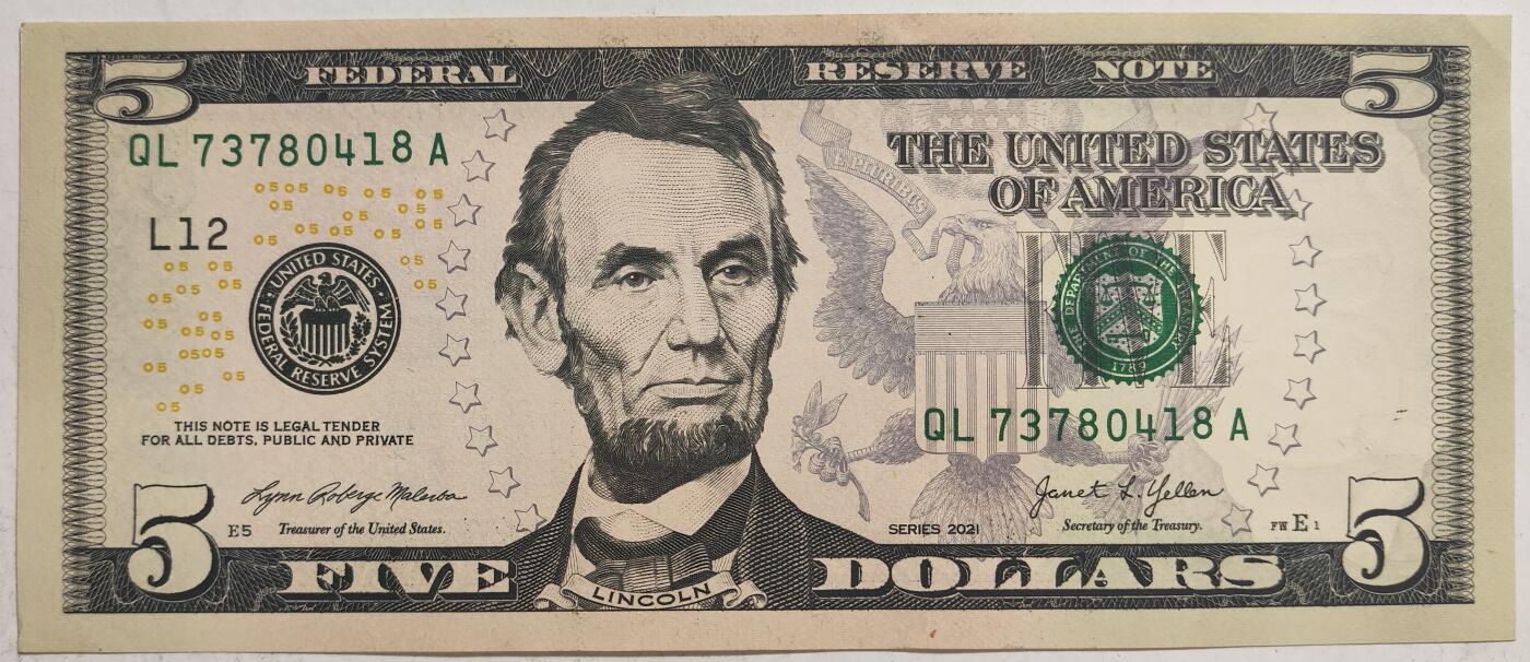 紫瑗钱币——第377期拍卖——纸币场 美国 2021年 L版 无序列 亚伯拉罕·林肯 5美元 彩色版 UNC