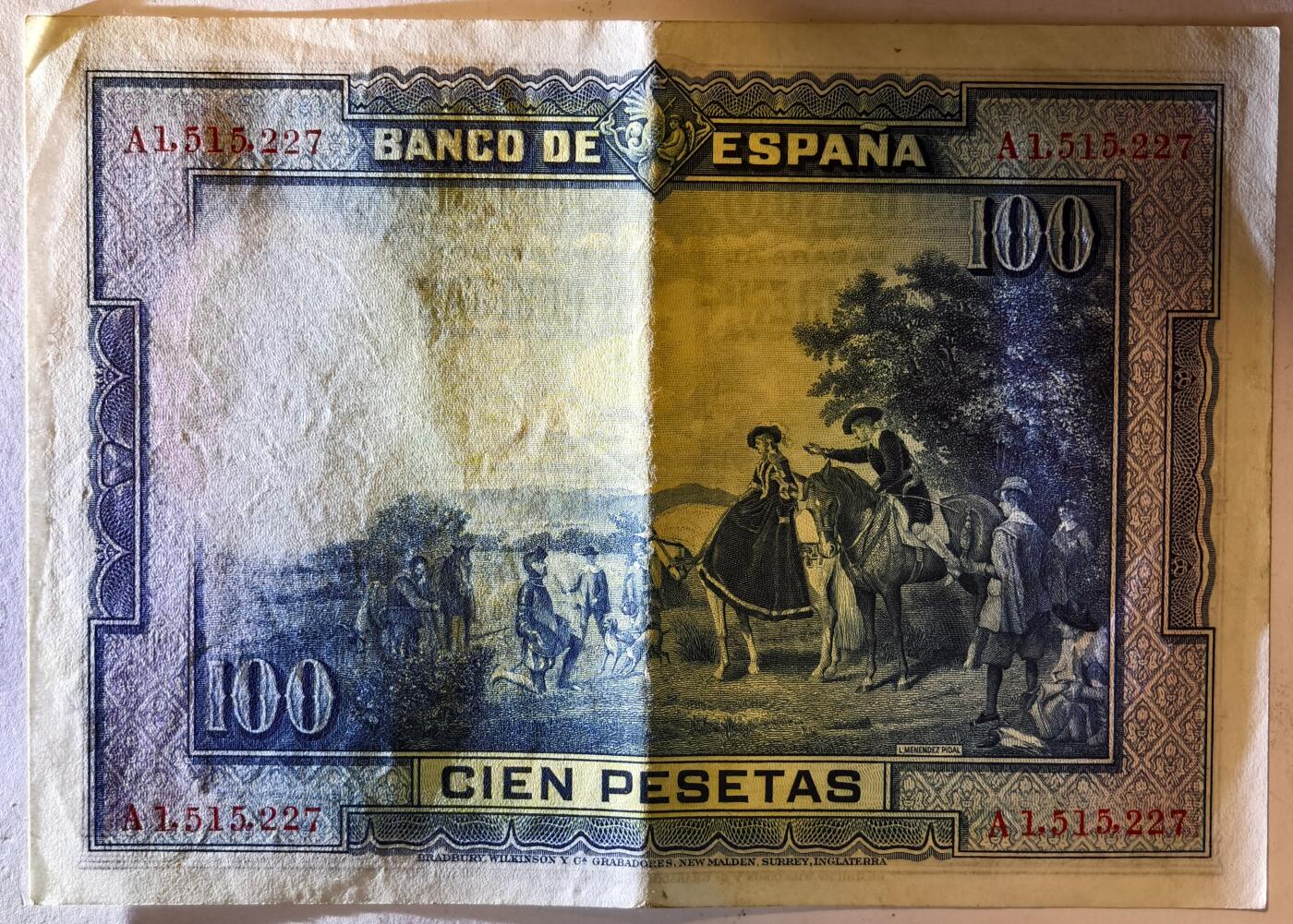 紫瑗钱币——第375期拍卖——纸币场 西班牙 1928年 中央银行 油画《唐吉坷德》 100比塞塔 流通品 (P-76a)