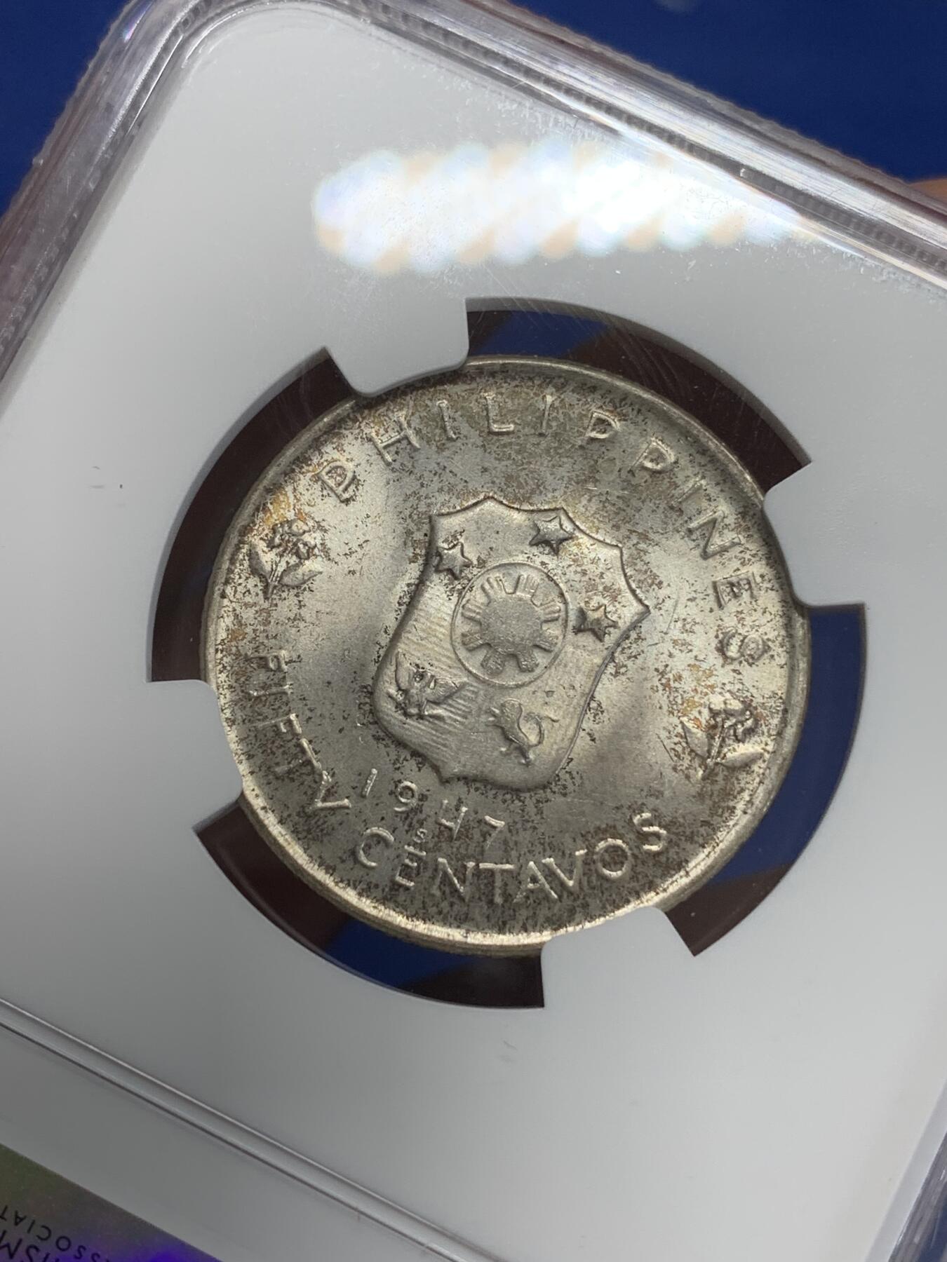 《竞宝斋》第284场- 周日，周一 2场连拍 （全场包邮） NGC MS64 菲律宾1947年S版50分 绝对低评！麦克阿瑟纪念银币 大热品种 两面包浆极为漂亮