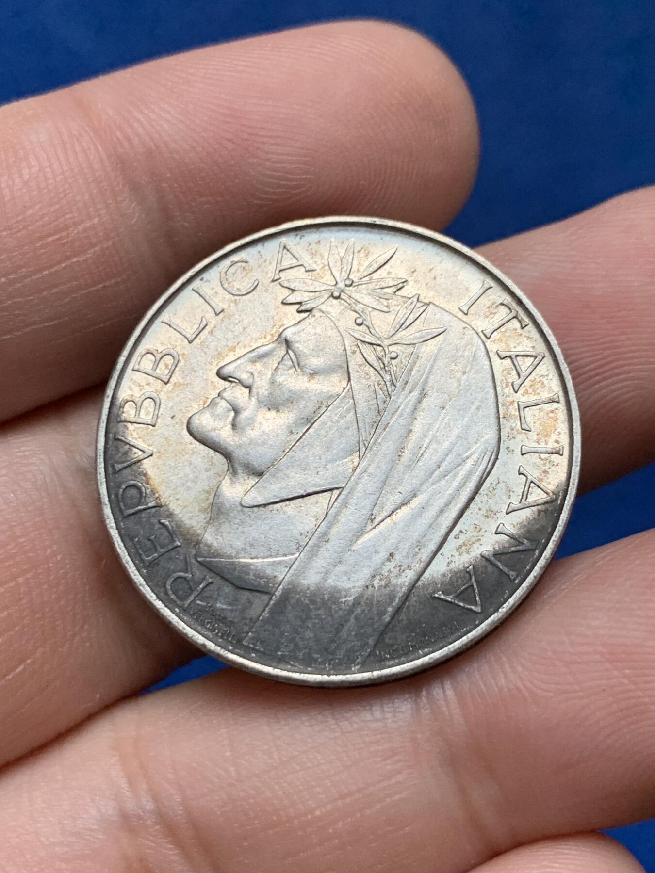 《竞宝斋》第284场- 周日，周一 2场连拍 （全场包邮） 意大利1965年但丁500里拉银币