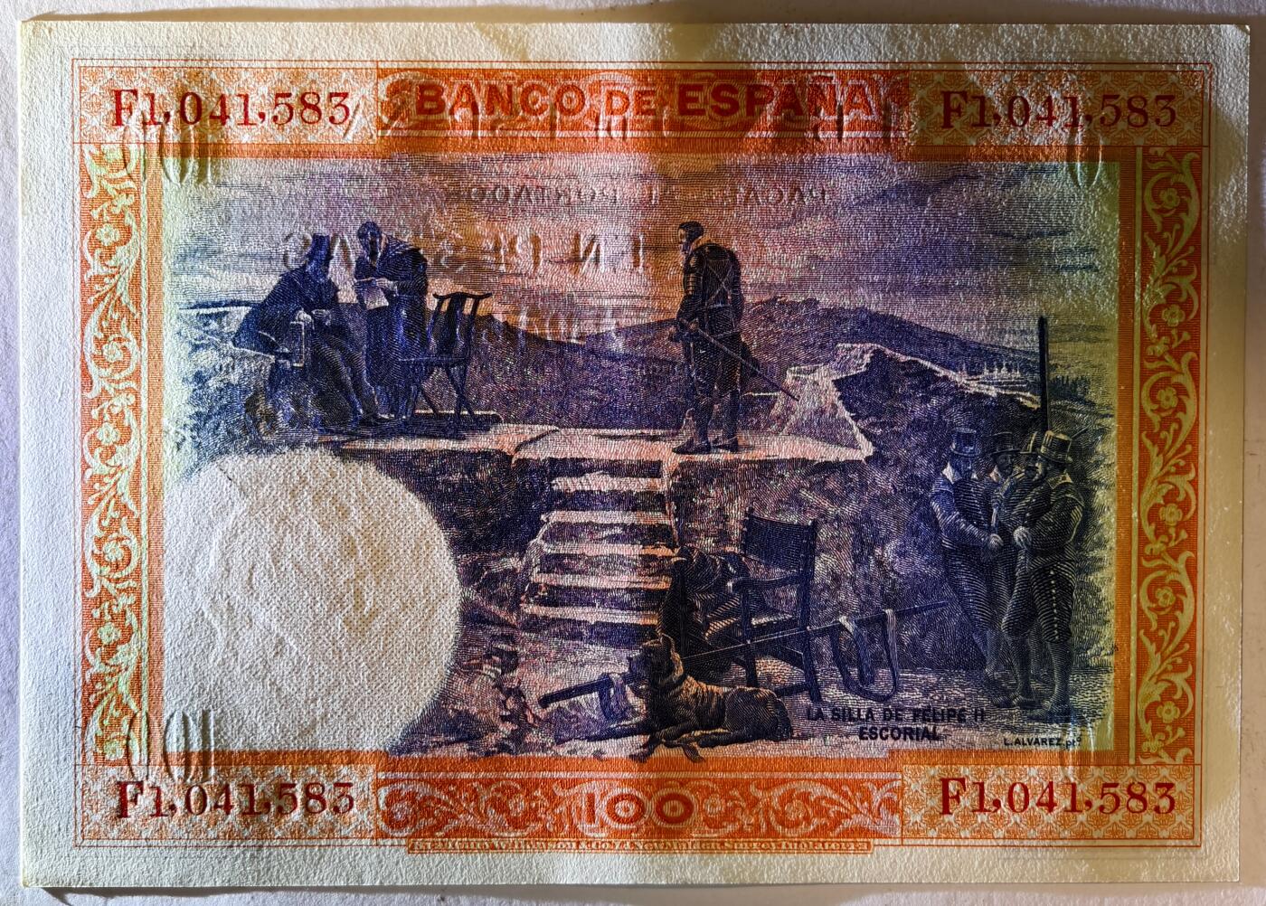 紫瑗钱币——第375期拍卖——纸币场 西班牙 1925年 油画《费利普二世的撤退》 100比塞塔 AU (P-69c)