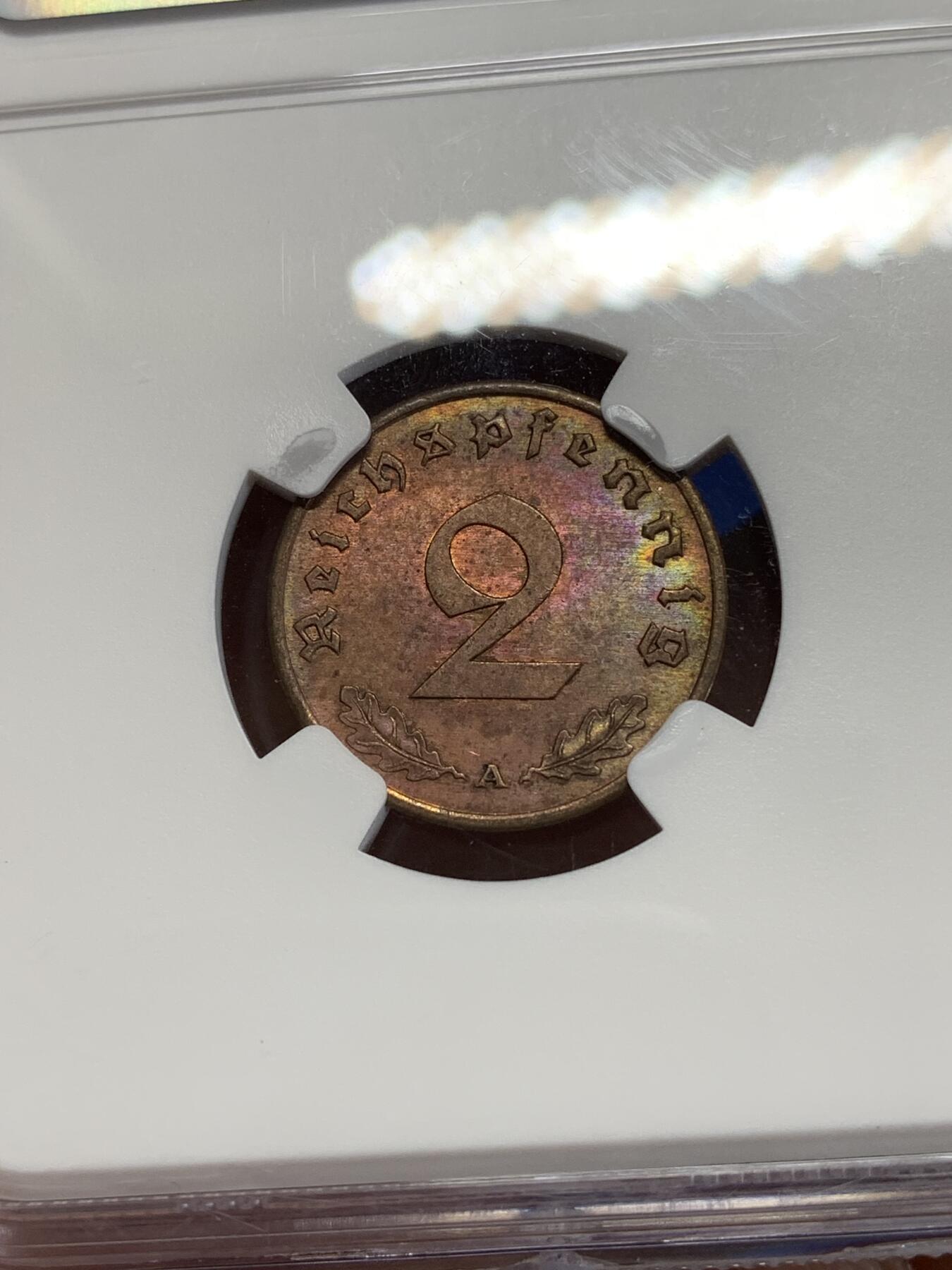 《竞宝斋》第284场- 周日，周一 2场连拍 （全场包邮） NGC MS61BN 德国1939年A厂2芬尼