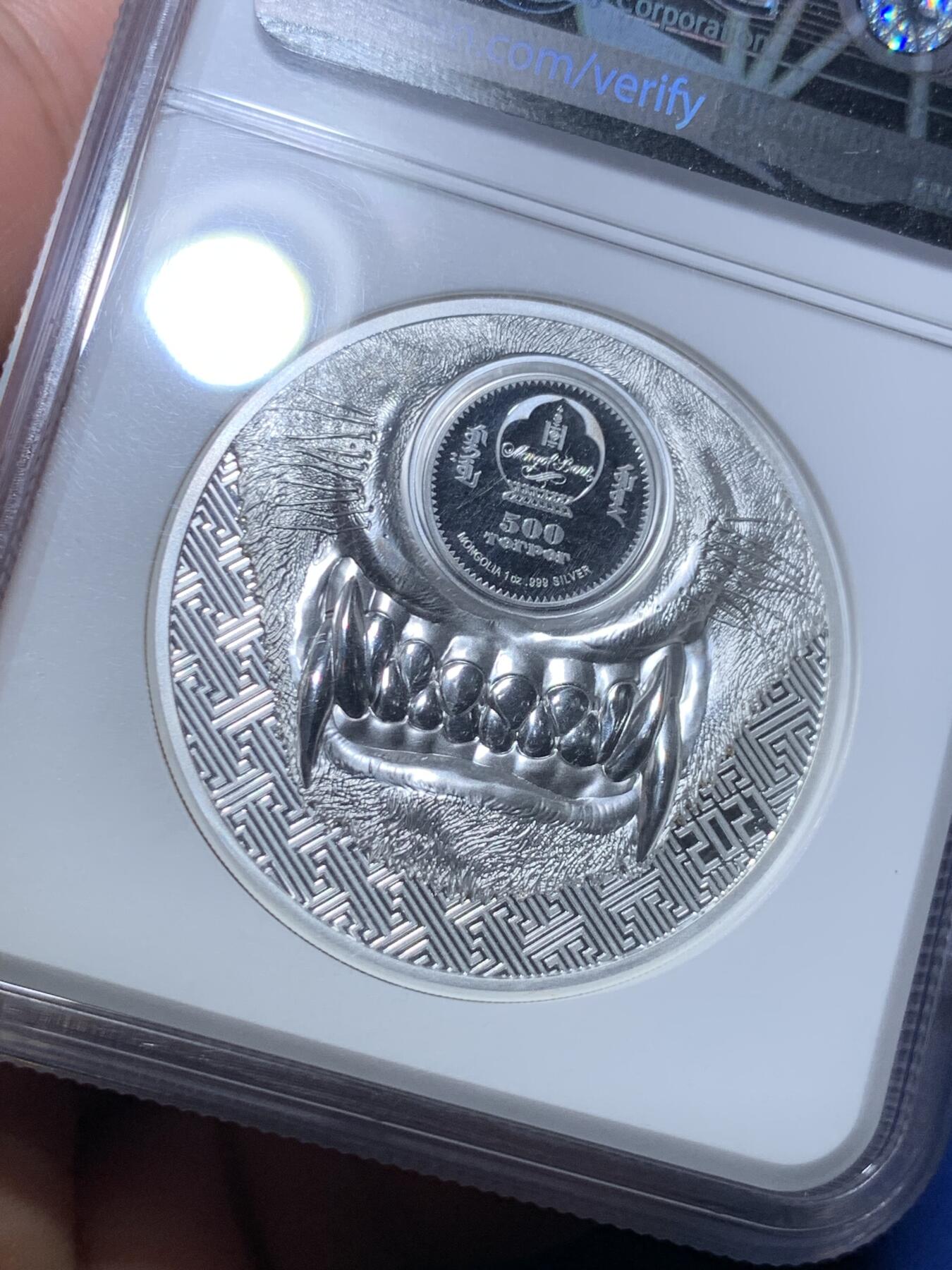 《竞宝斋》第284场- 周日，周一 2场连拍 （全场包邮） NGC PF70UC 蒙古2021年神秘苍狼银币 1盎司双面高浮雕 CIT出品热门系列银币 面值500图格里克 经典标签错误 优质藏品