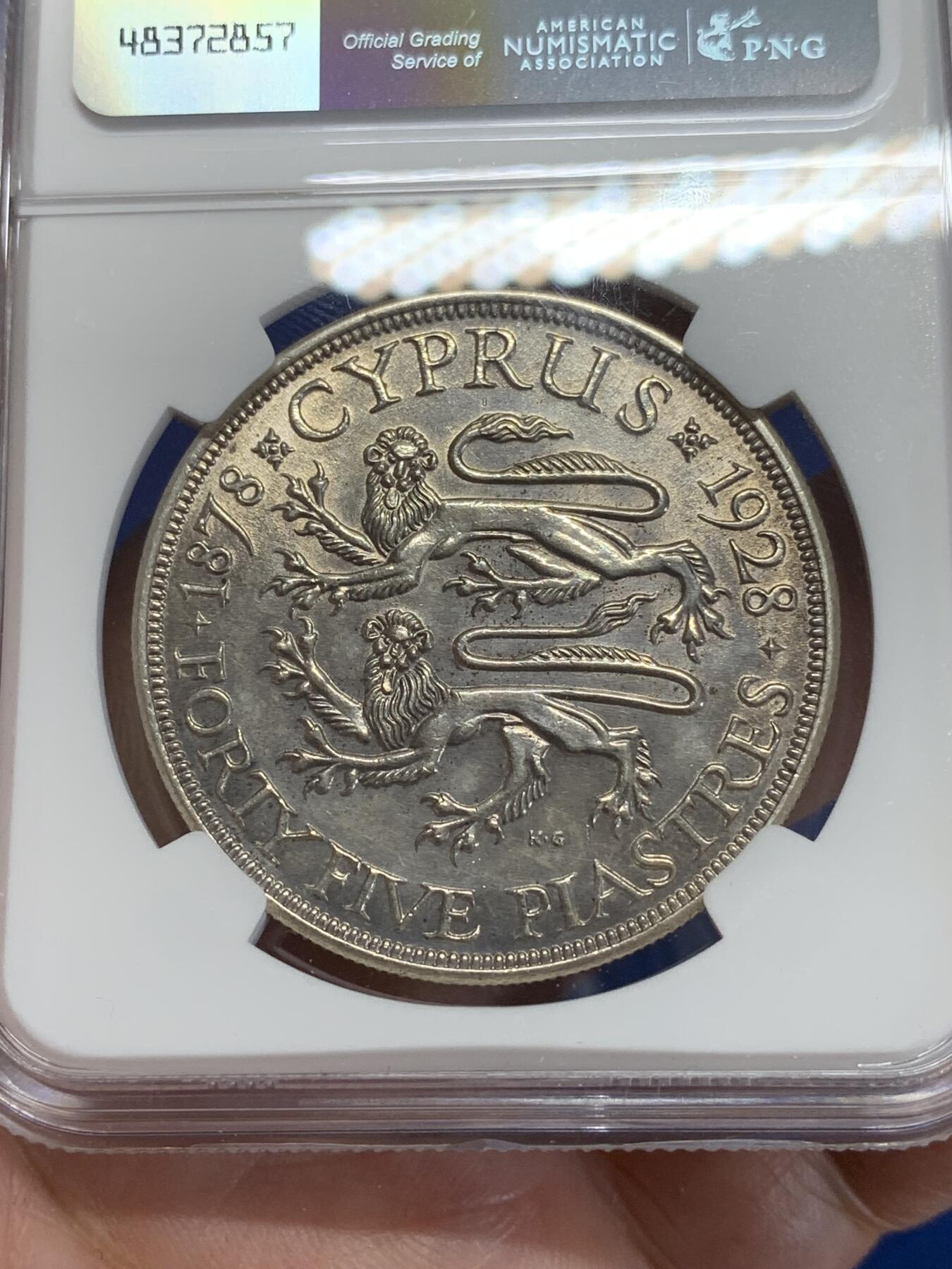 《竞宝斋》第284场- 周日，周一 2场连拍 （全场包邮） NGC UNC 英属塞浦路斯1928年乔治五世45皮银币 镜面底板 币面转光感强烈