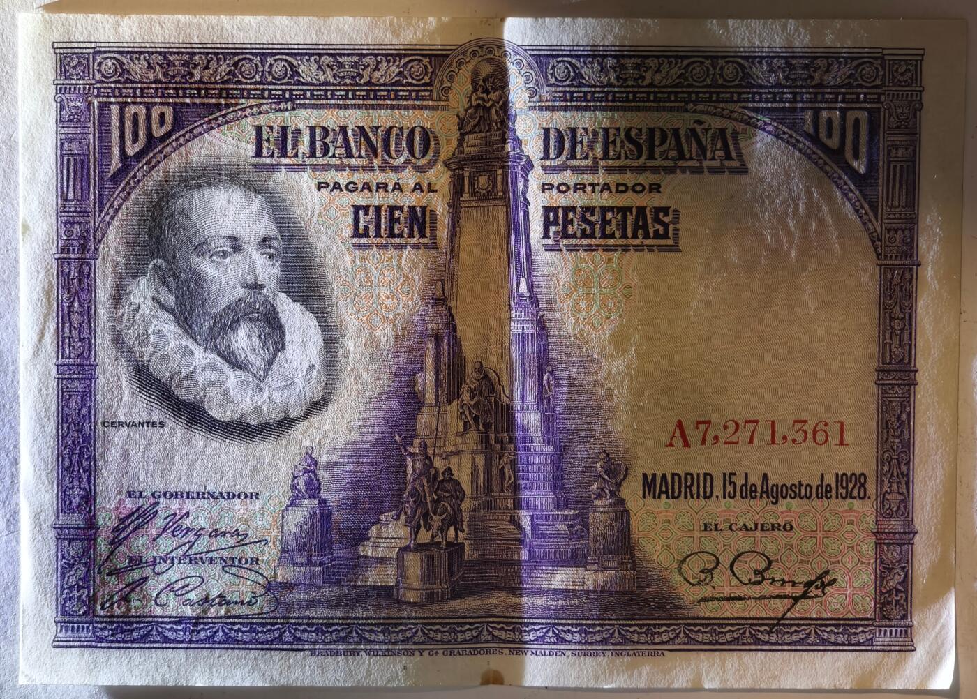 紫瑗钱币——第375期拍卖——纸币场 西班牙 1928年 中央银行 油画《唐吉坷德》 100比塞塔 流通品 (P-76a)