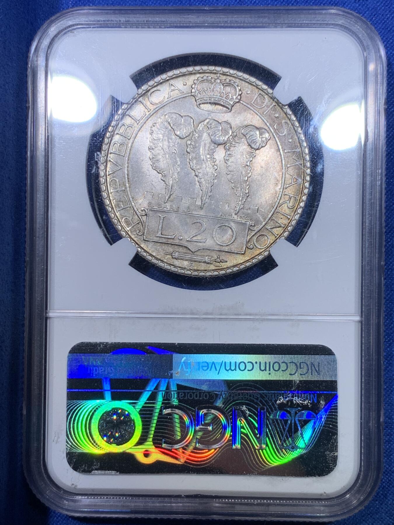 《竞宝斋》第284场- 周日，周一 2场连拍 （全场包邮） NGC MS64 圣马力诺1933年20里拉 高分好状态