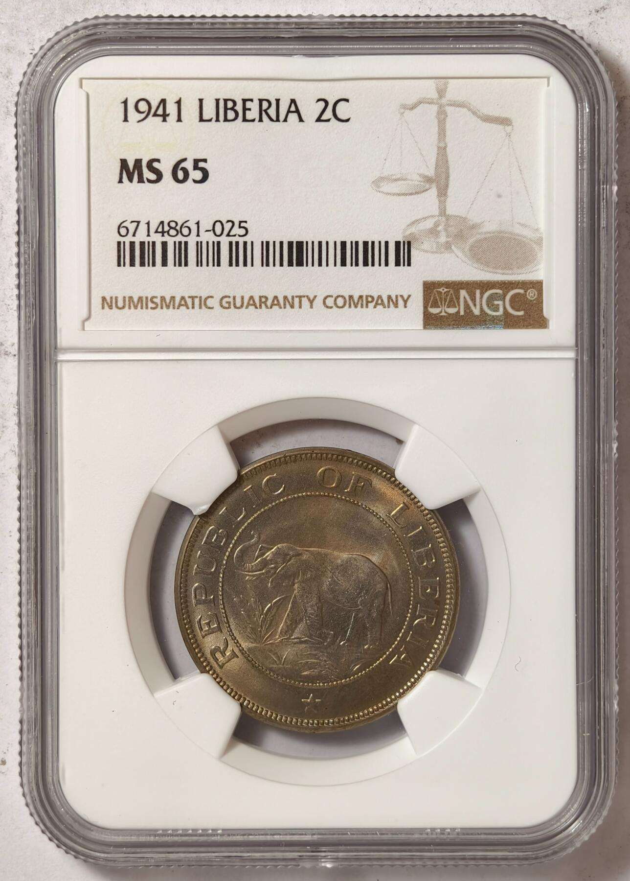 紫瑗钱币——第376期拍卖 利比里亚 1941年 大象 2分 铜币 NGC MS65