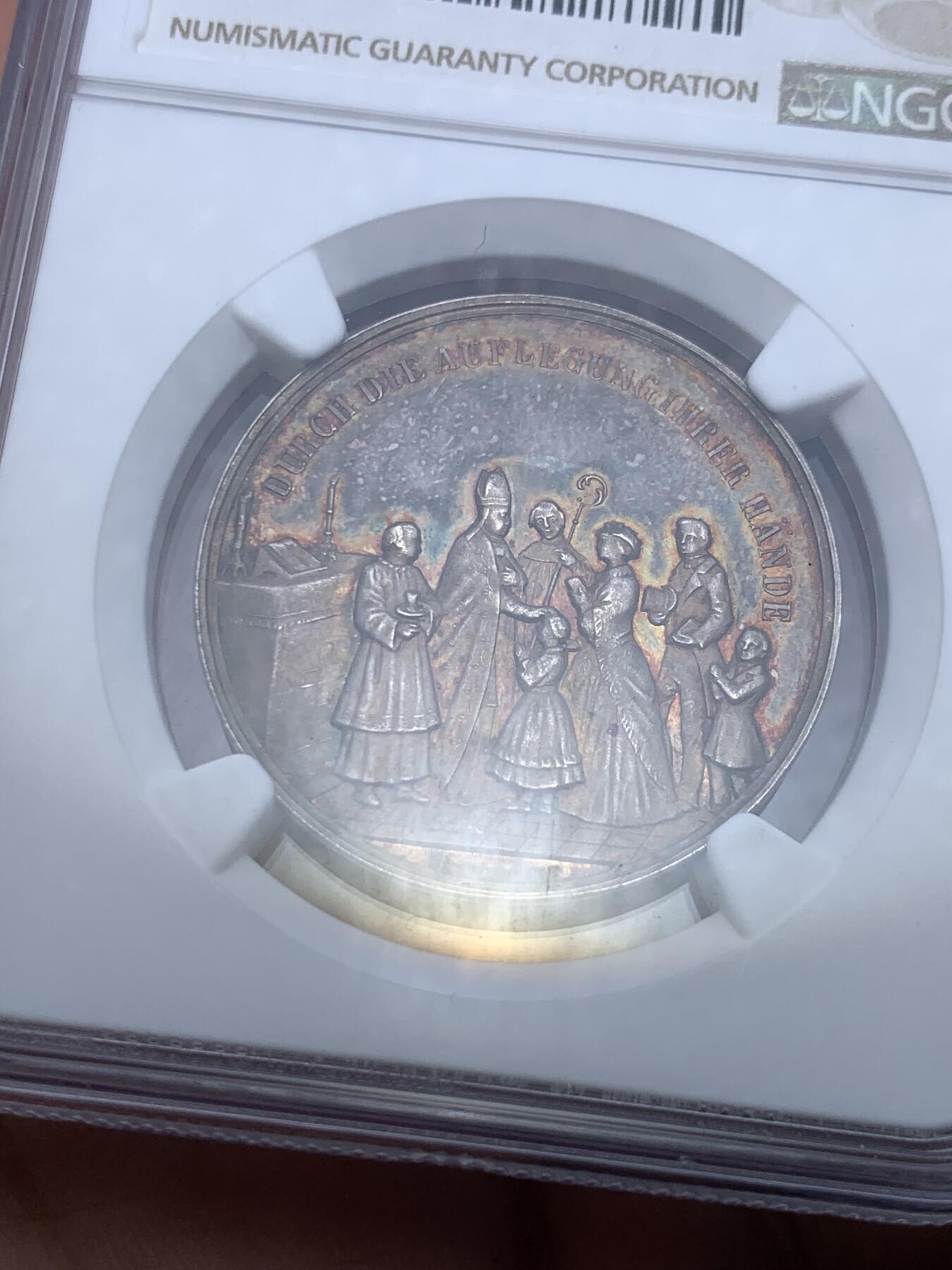 《竞宝斋》第284场- 周日，周一 2场连拍 （全场包邮） NGC MS62 德国 1850左右 宗教坚信礼银章，五彩祥光