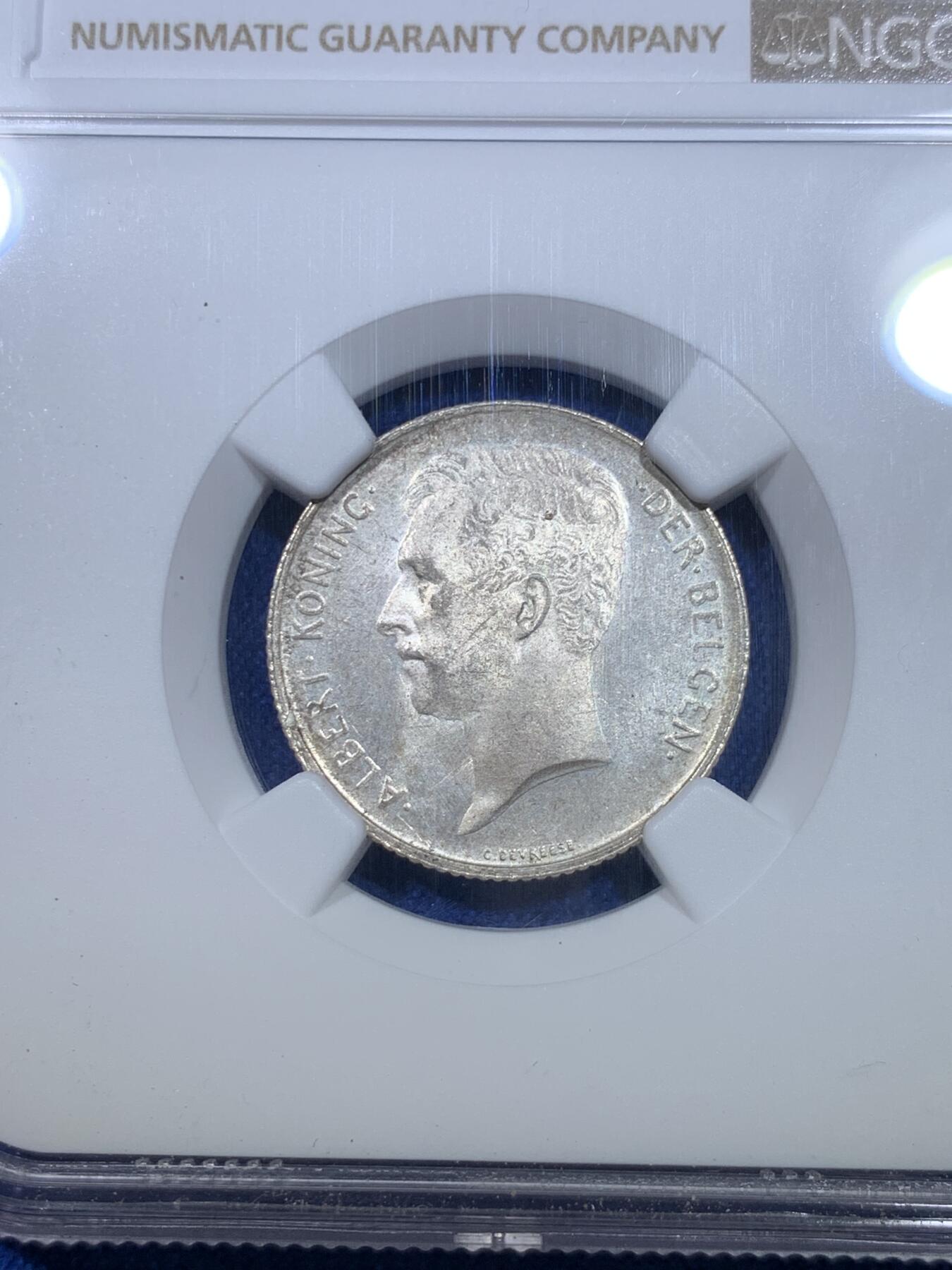 《竞宝斋》第284场- 周日，周一 2场连拍 （全场包邮） NGC MS64 比利时1913年阿尔贝托国王1法郎银币