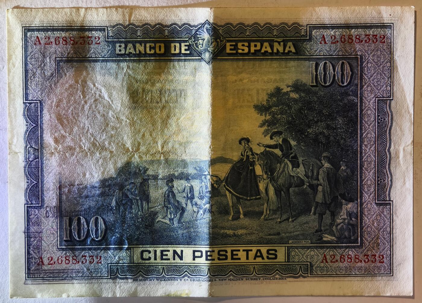 紫瑗钱币——第391期拍卖——纸币场 西班牙 1928年 中央银行 油画《唐吉坷德》 100比塞塔 流通品 (P-76a)