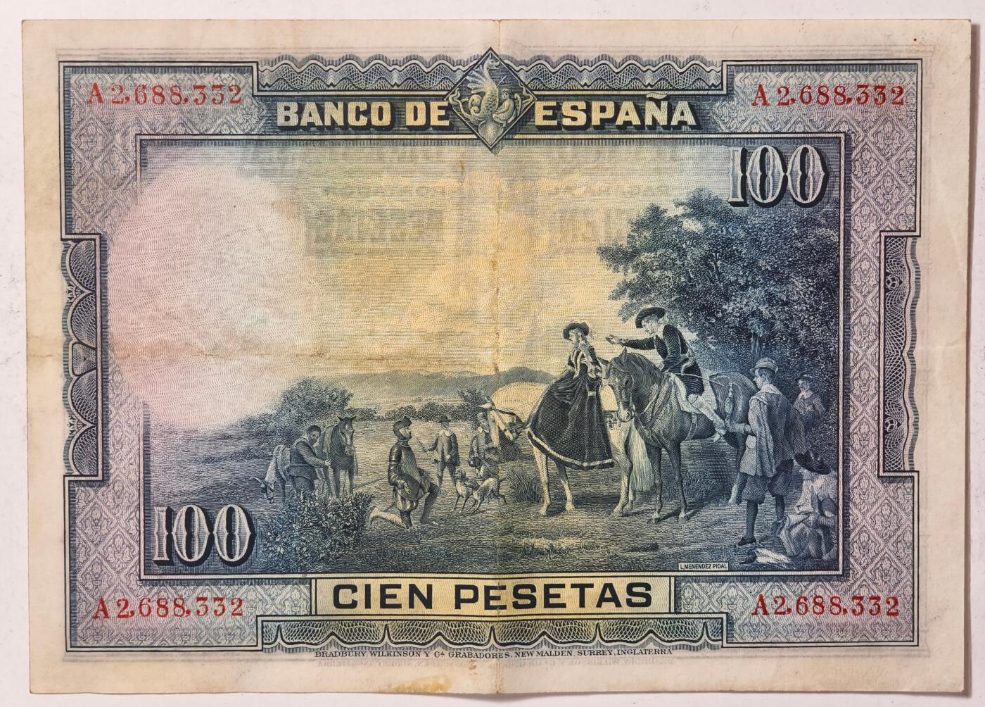 紫瑗钱币——第391期拍卖——纸币场 西班牙 1928年 中央银行 油画《唐吉坷德》 100比塞塔 流通品 (P-76a)