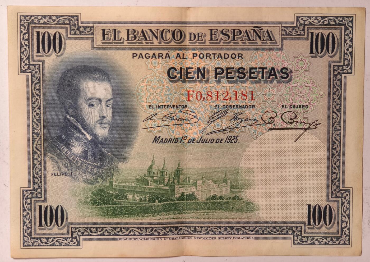 紫瑗钱币——第375期拍卖——纸币场 西班牙 1925年 油画《费利普二世的撤退》 100比塞塔 AU (P-69c)