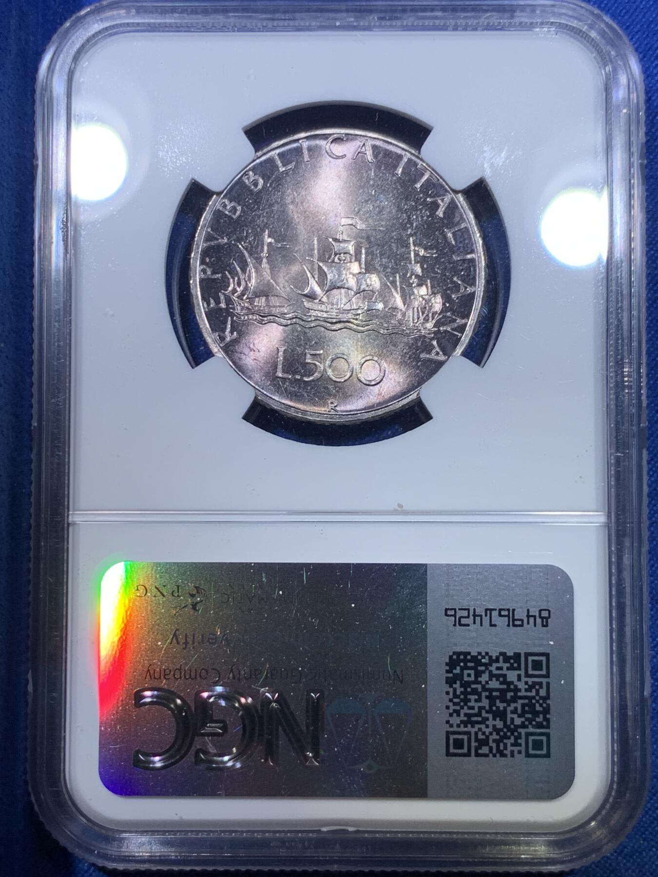 《竞宝斋》第284场- 周日，周一 2场连拍 （全场包邮） NGC MS65 意大利1970美女帆船500里拉银币