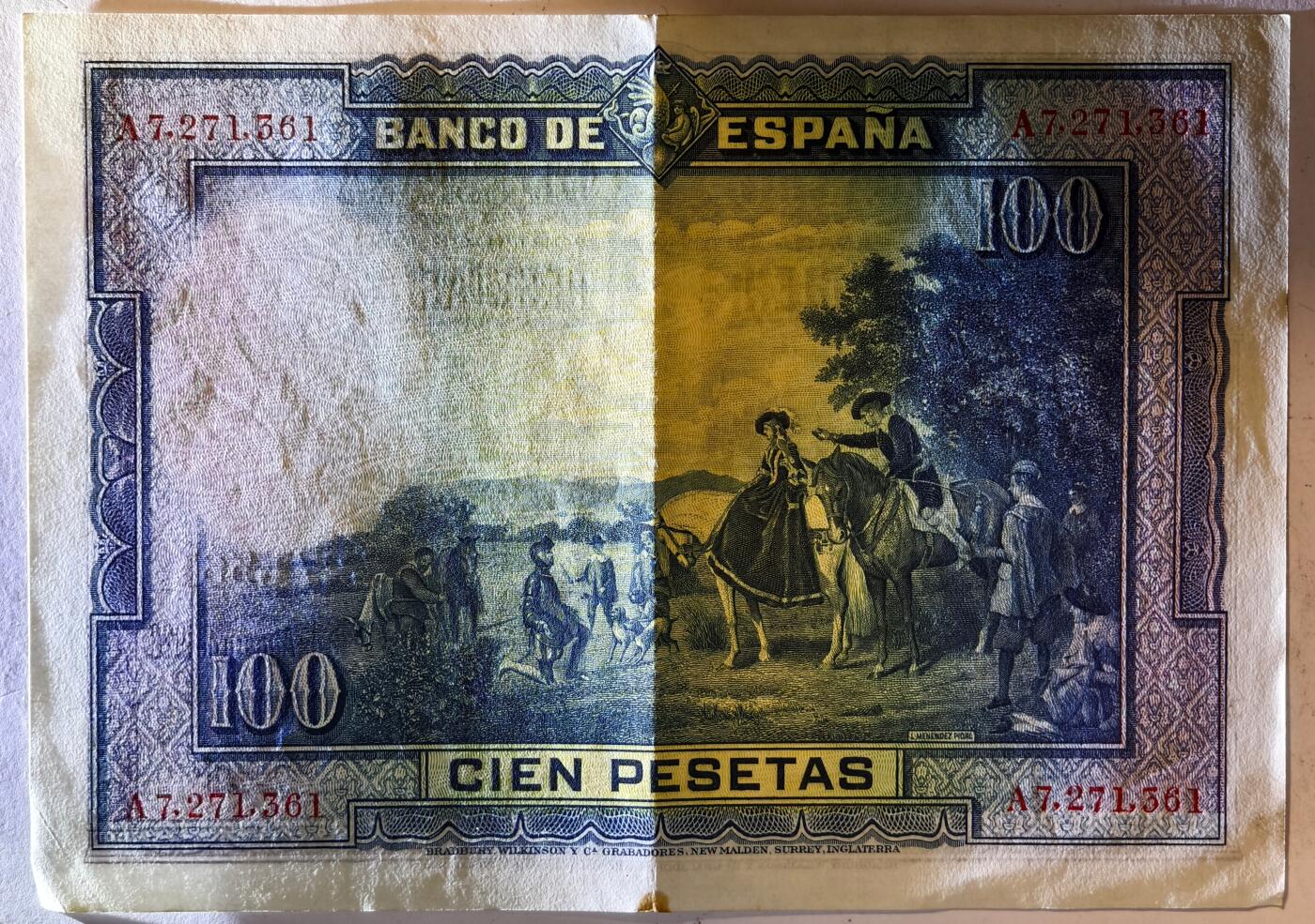 紫瑗钱币——第375期拍卖——纸币场 西班牙 1928年 中央银行 油画《唐吉坷德》 100比塞塔 流通品 (P-76a)