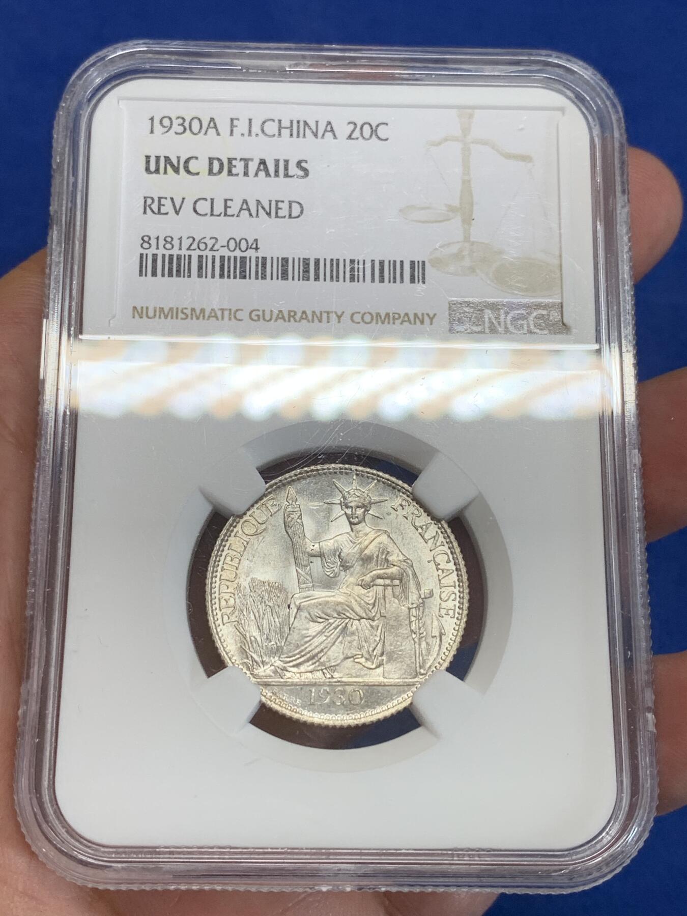 《竞宝斋》第284场- 周日，周一 2场连拍 （全场包邮） NGC UNCD 法属印支1930年坐洋20分银币 少见年份