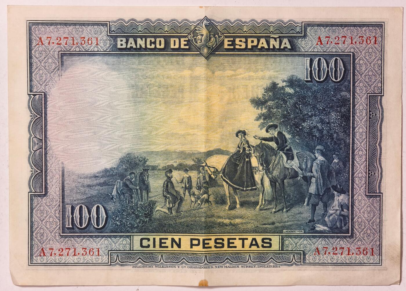 紫瑗钱币——第375期拍卖——纸币场 西班牙 1928年 中央银行 油画《唐吉坷德》 100比塞塔 流通品 (P-76a)