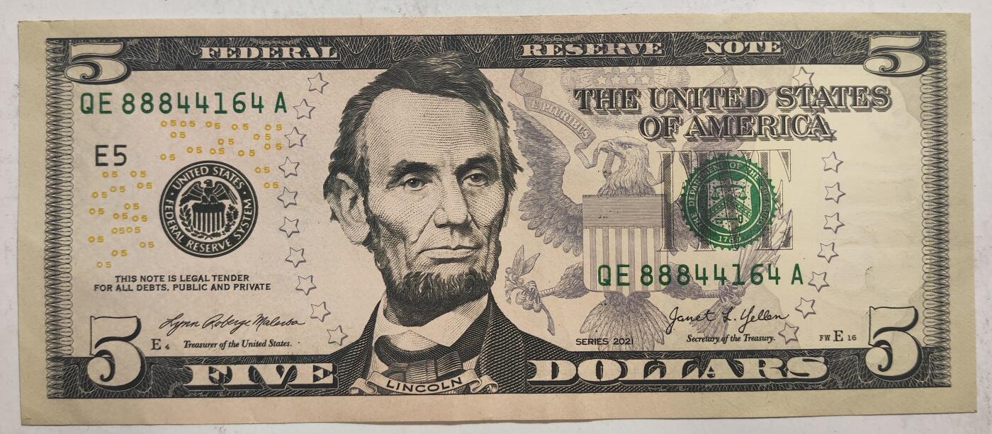 紫瑗钱币——第391期拍卖——纸币场 美国 2021年 E版 无序列 亚伯拉罕·林肯 5美元 彩色版 AU