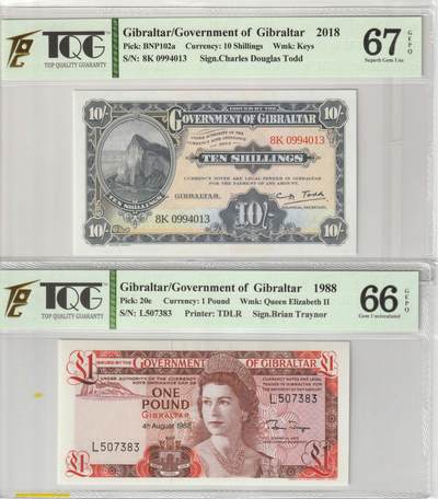 PThappally收藏第35次拍卖，英联邦地区硬币纸币 - GIBRALTAR, Government of Gibraltar 2018 10 Shillings, Pick 41 & 1 Pound Pick 20e  TQG 66 & 67 GEPQ Superb Gem UNC