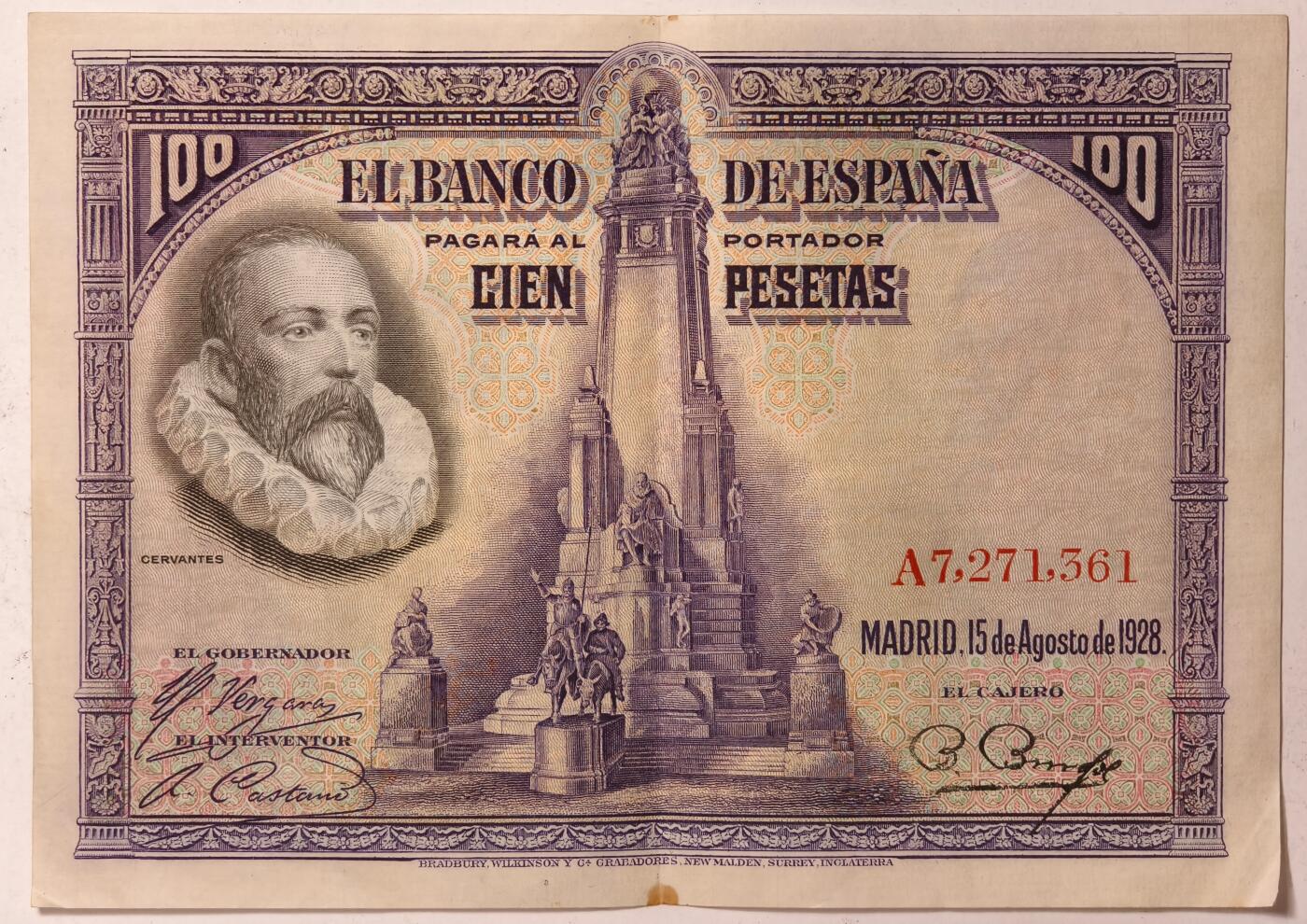 紫瑗钱币——第375期拍卖——纸币场 西班牙 1928年 中央银行 油画《唐吉坷德》 100比塞塔 流通品 (P-76a)