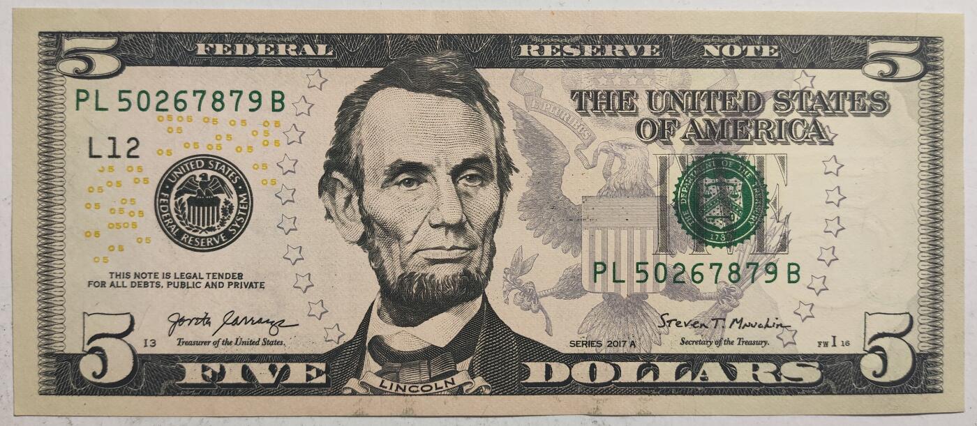 紫瑗钱币——第391期拍卖——纸币场 美国 2017年 L版 A序列 亚伯拉罕·林肯 5美元 彩色版 UNC-