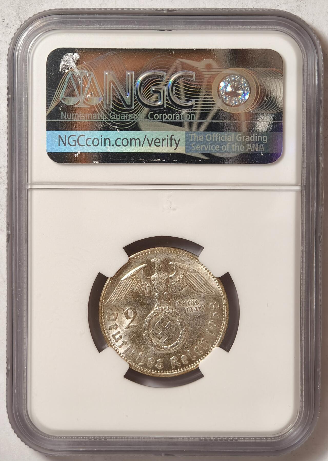紫瑗钱币——第376期拍卖 德国 1938年 B版 兴登堡 字符版 2马克 银币 NGC MS63