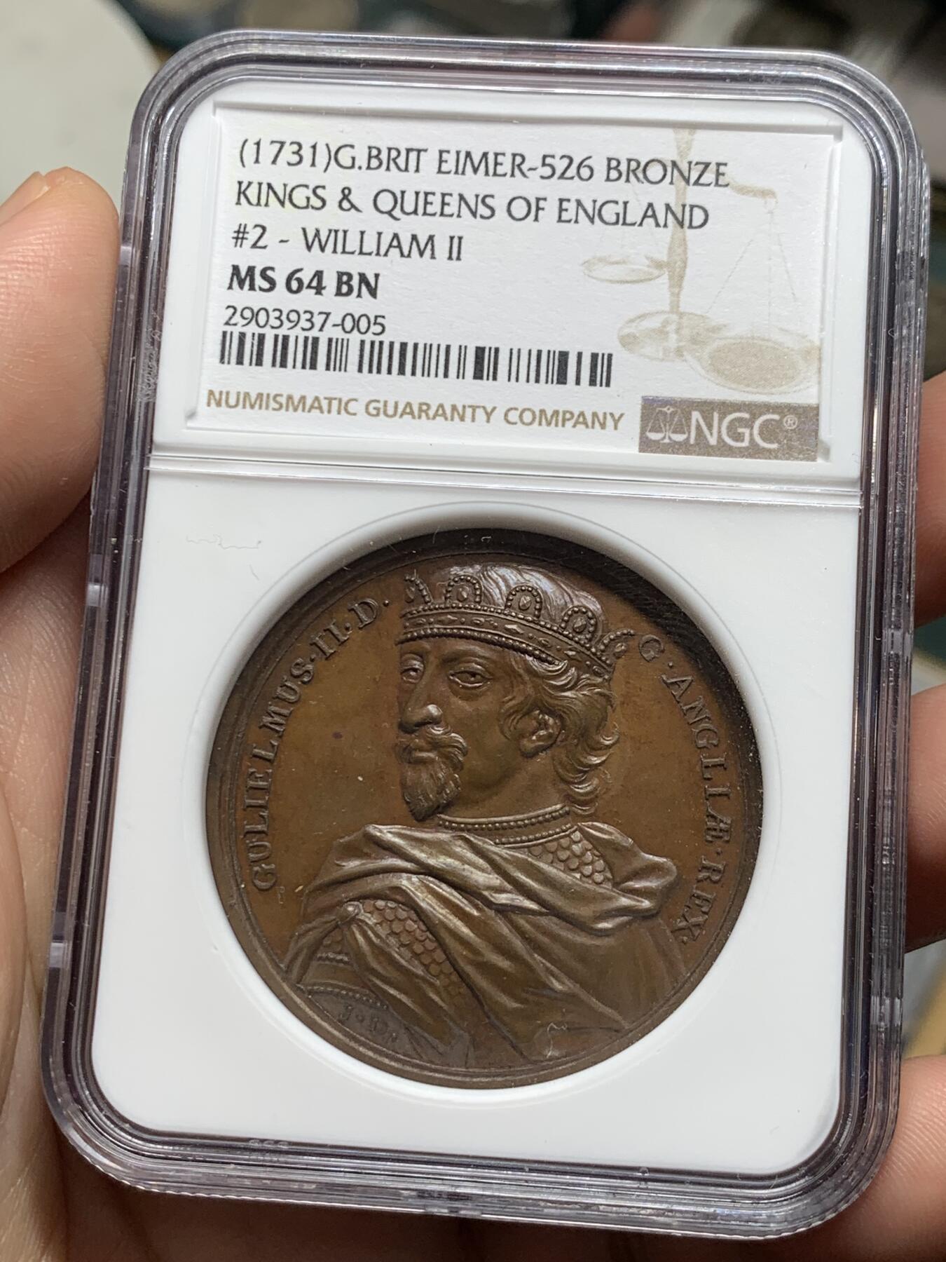 《竞宝斋》第284场- 周日，周一 2场连拍 （全场包邮） NGC MS64BN 英国 1731年 英国君主2号纪念章 NGC冠军分大铜章 威廉二世 高分精品 雕刻精美