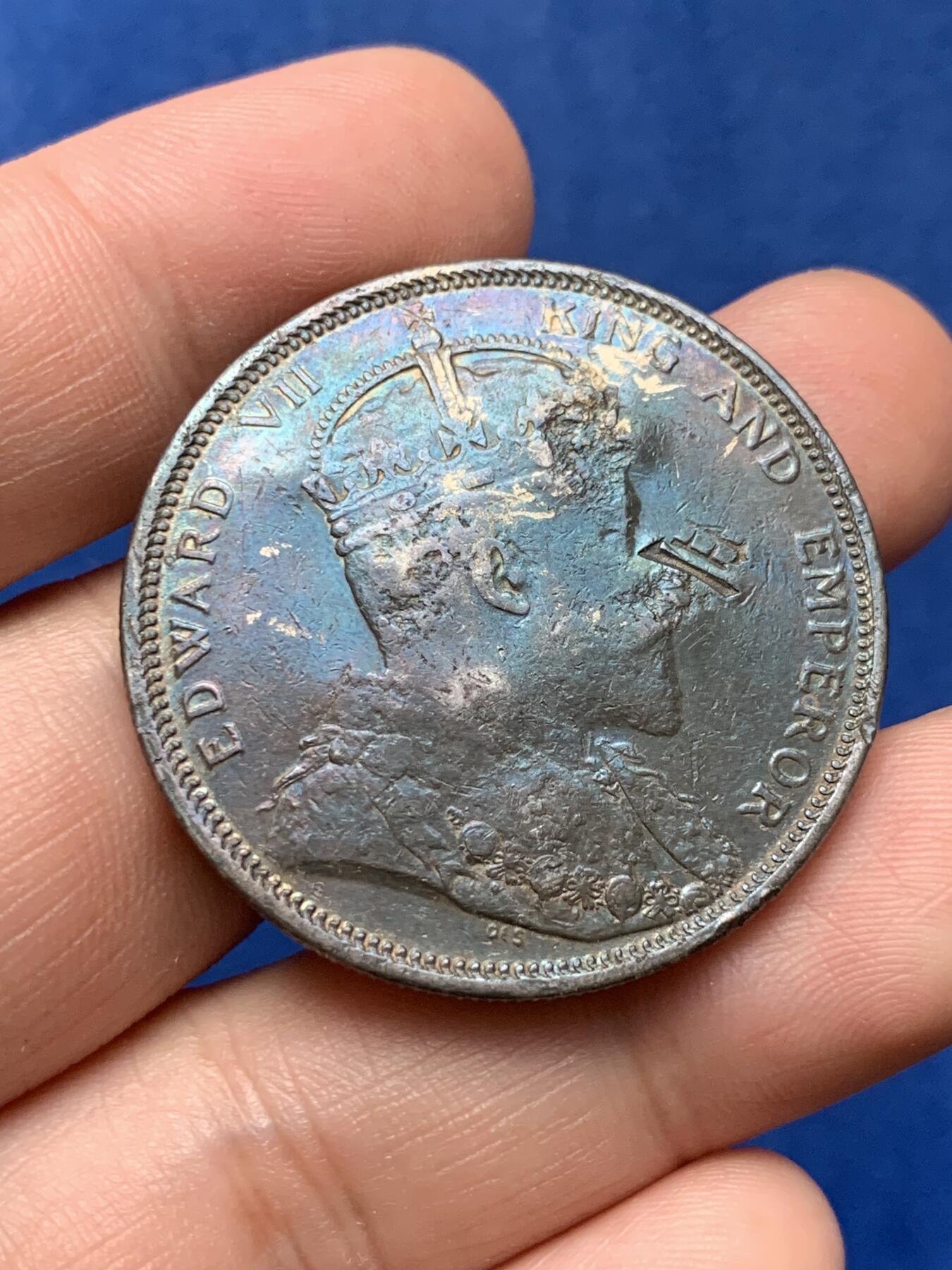 《竞宝斋》第284场- 周日，周一 2场连拍 （全场包邮） 1903年 海峡殖民地一元大样 稀少1903年份 无敌深蓝绿包浆 南方沿海完整汉字「交」「二」趣味戳