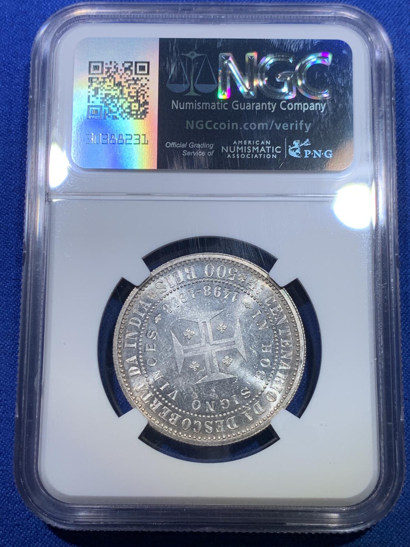 《竞宝斋》第284场- 周日，周一 2场连拍 （全场包邮） NGC MS62 葡萄牙1898年发现印度戎装版500瑞斯银币