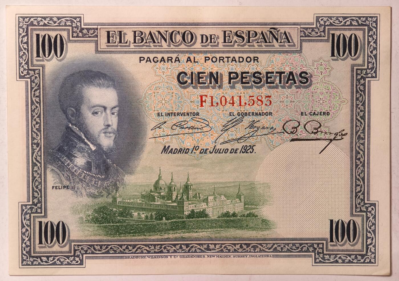 紫瑗钱币——第375期拍卖——纸币场 西班牙 1925年 油画《费利普二世的撤退》 100比塞塔 AU (P-69c)