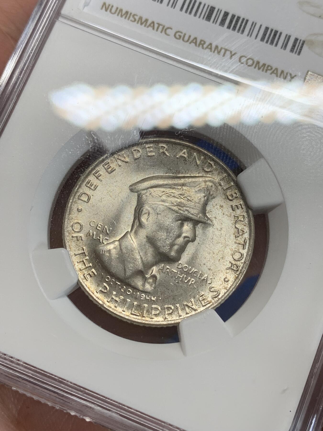 《竞宝斋》第284场- 周日，周一 2场连拍 （全场包邮） NGC MS64 菲律宾1947年S版50分 绝对低评！麦克阿瑟纪念银币 大热品种 两面包浆极为漂亮